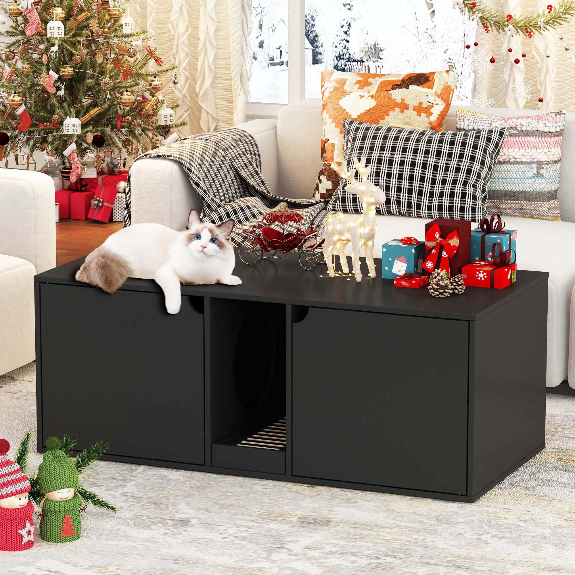 Modern Wooden Cat Litter Box Enclosure for 2 Cats - Stackable Large Cat Washroom Storage Cabinet with Removable Litter Box, Bench End Table Furniture in Black - Perfect for Small Spaces & Multi-Cat Homes
