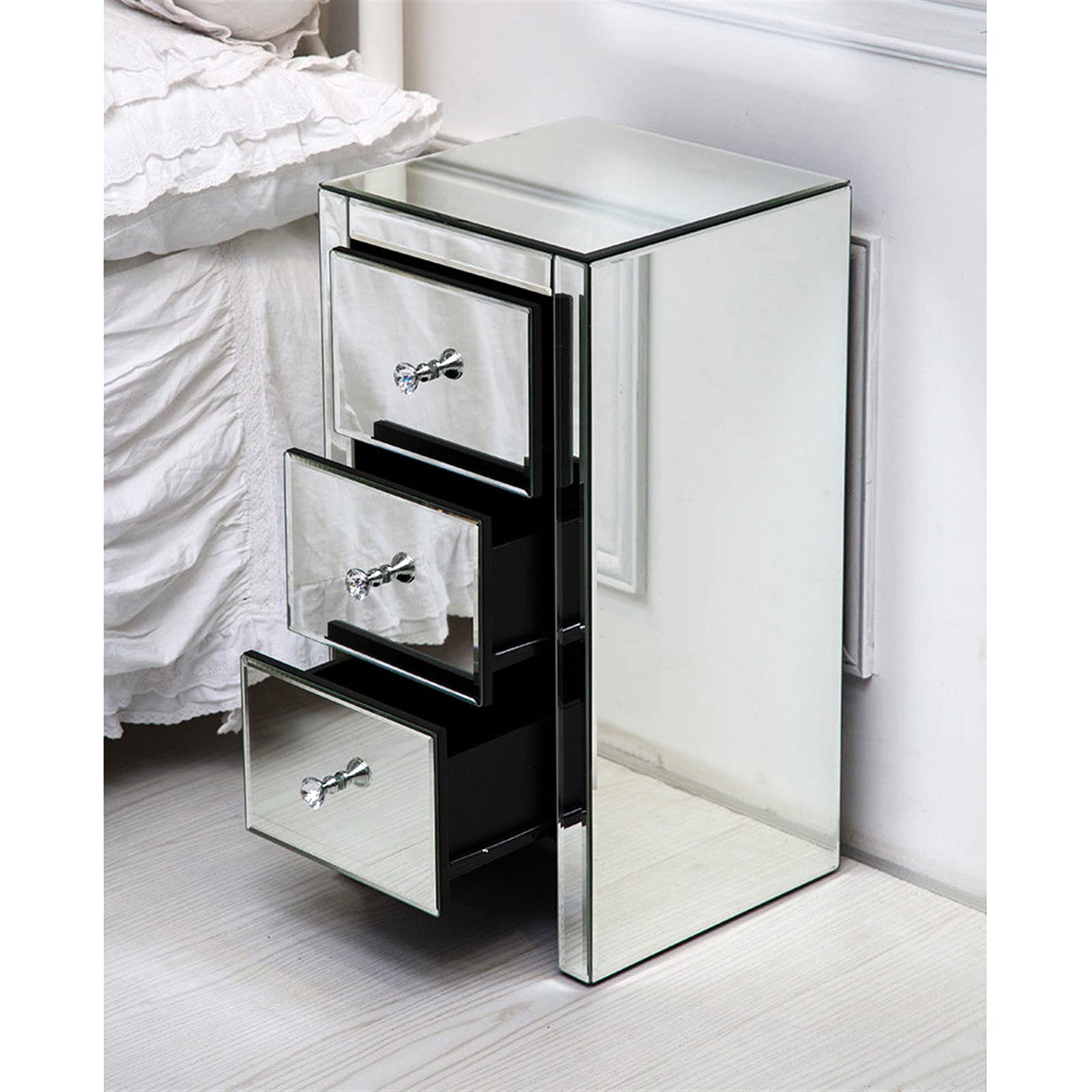 Yoluckea Modern Silver Mirrored Nightstand with 3 Drawers - Bedside End Table with Mirror Accent for Bedroom & Living Room | Perfect for Storing Books, Lamps & Bedroom Essentials