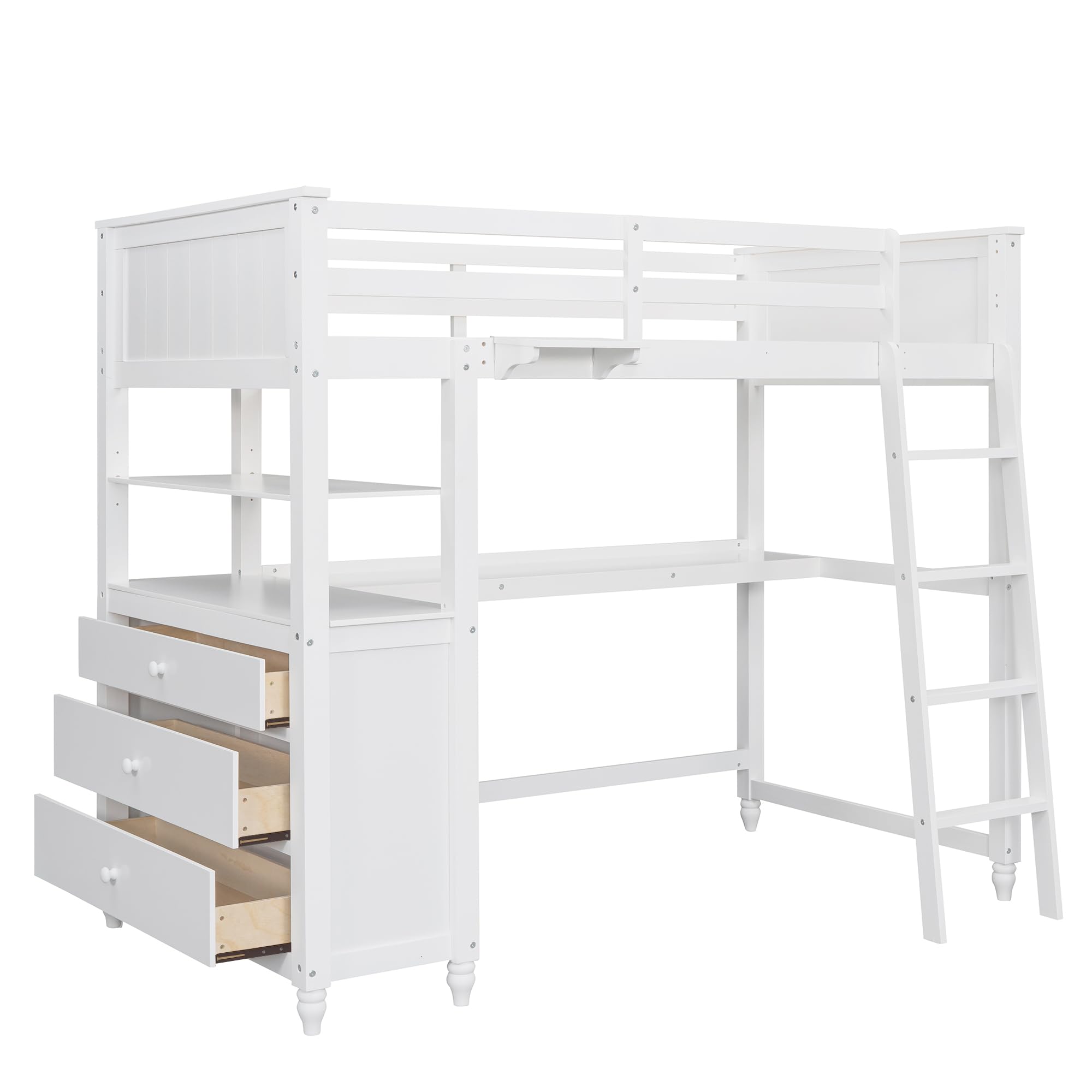 White Twin Loft Bed with Desk & Drawers for Kids, Teens & Adults - Space-Saving Bedroom Solution
