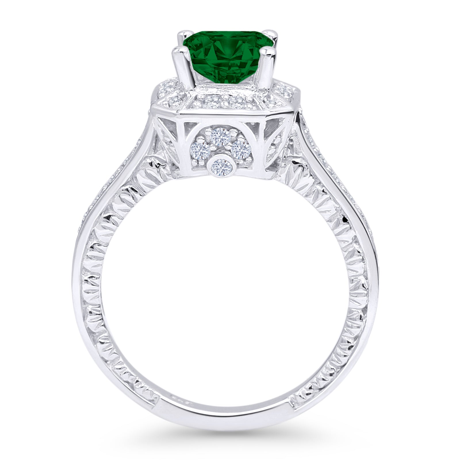 14K White Gold Art Deco Princess Cut Halo Green Emerald CZ Ring for Women - Elegant Vintage Style Engagement & Wedding Jewelry Gift - Perfect for Anniversaries, Parties & Special Occasions