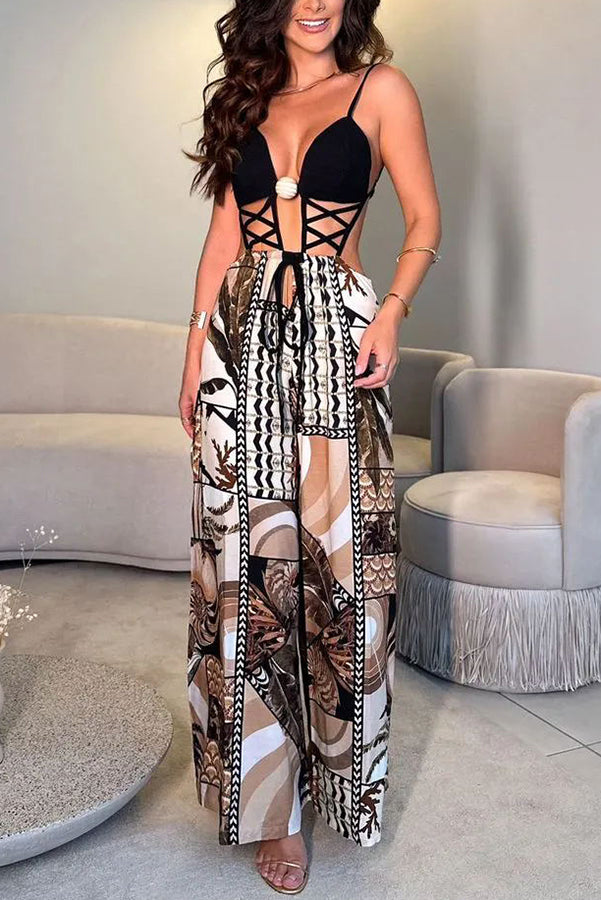 Tulum Dreaming Cross Strap Patchwork Printed Elastic Waist Backless Jumpsuit - Boho Chic Beachwear for Summer Vacations & Music Festivals