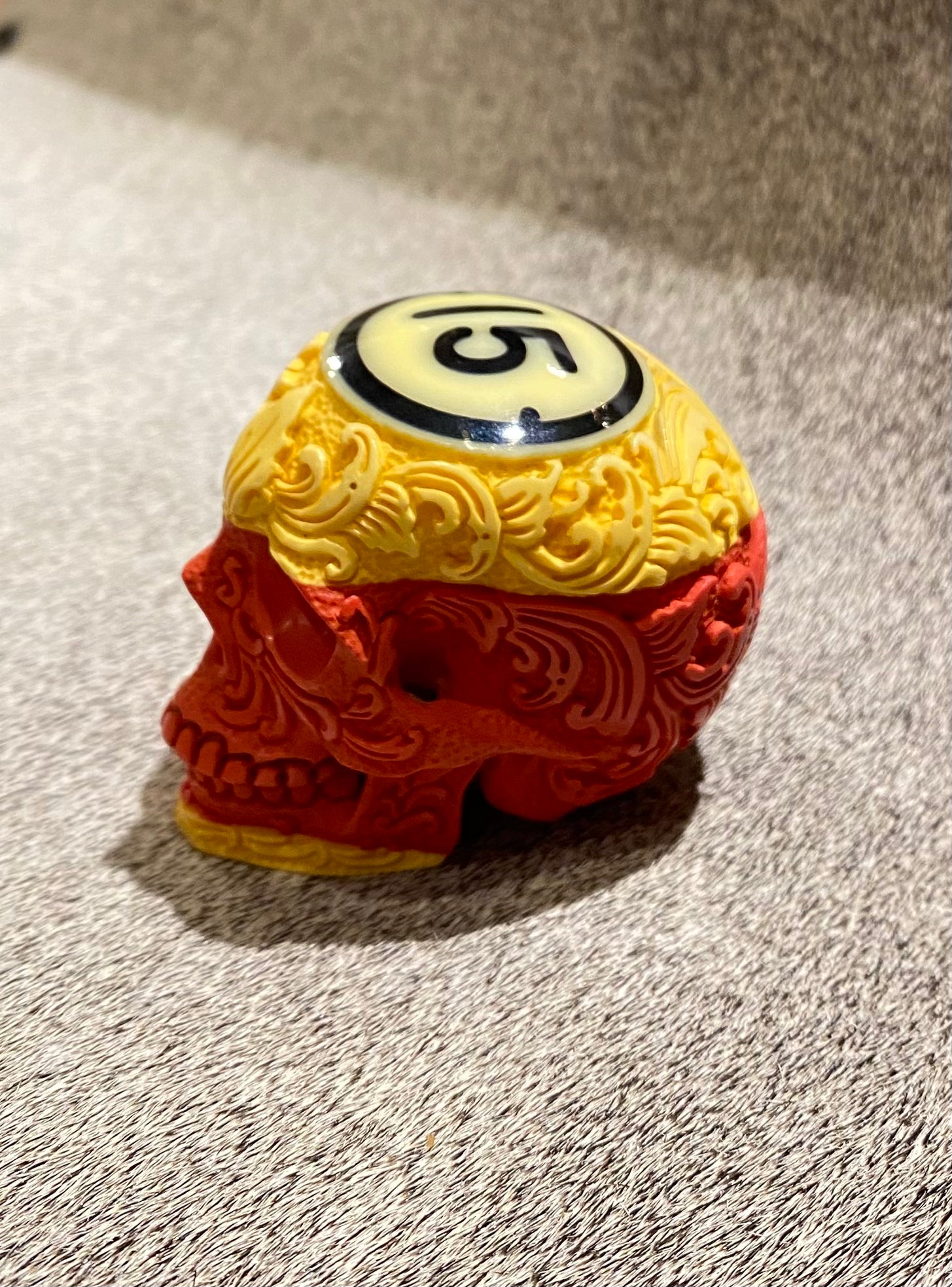 Hand-Carved Flower Skull Pool Ball #15 - Unique Billiards Accessory for Game Rooms & Bars