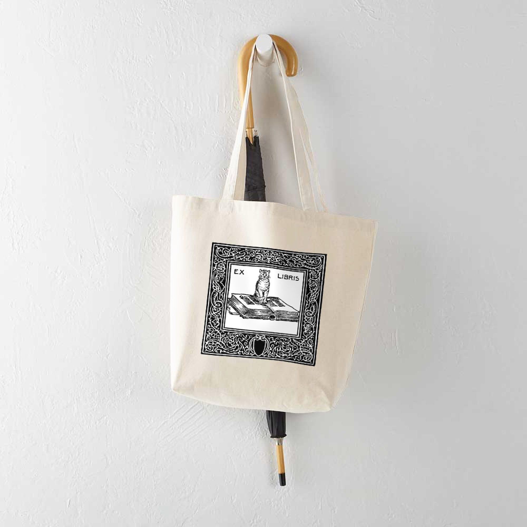 Ex Libris Cat and Book Tote Bag - Natural Canvas Reusable Shopping Bag for Book Lovers, Library Visits & Eco-Friendly Grocery Trips