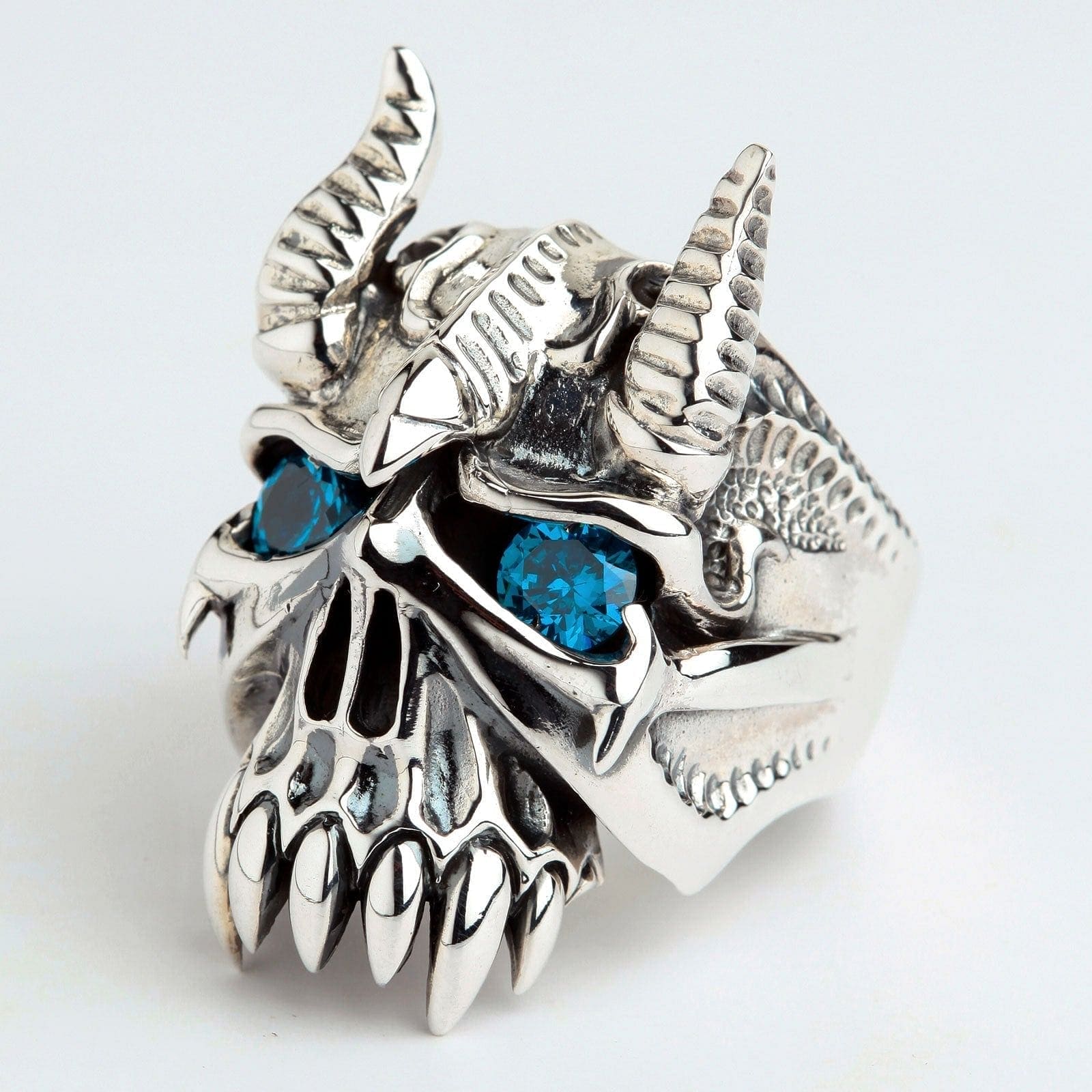 Stylish Sterling Silver Skull Biker Ring for Men - Horn Bison Devil Design - Perfect for Motorcycle Riders & Rock Fashion Enthusiasts