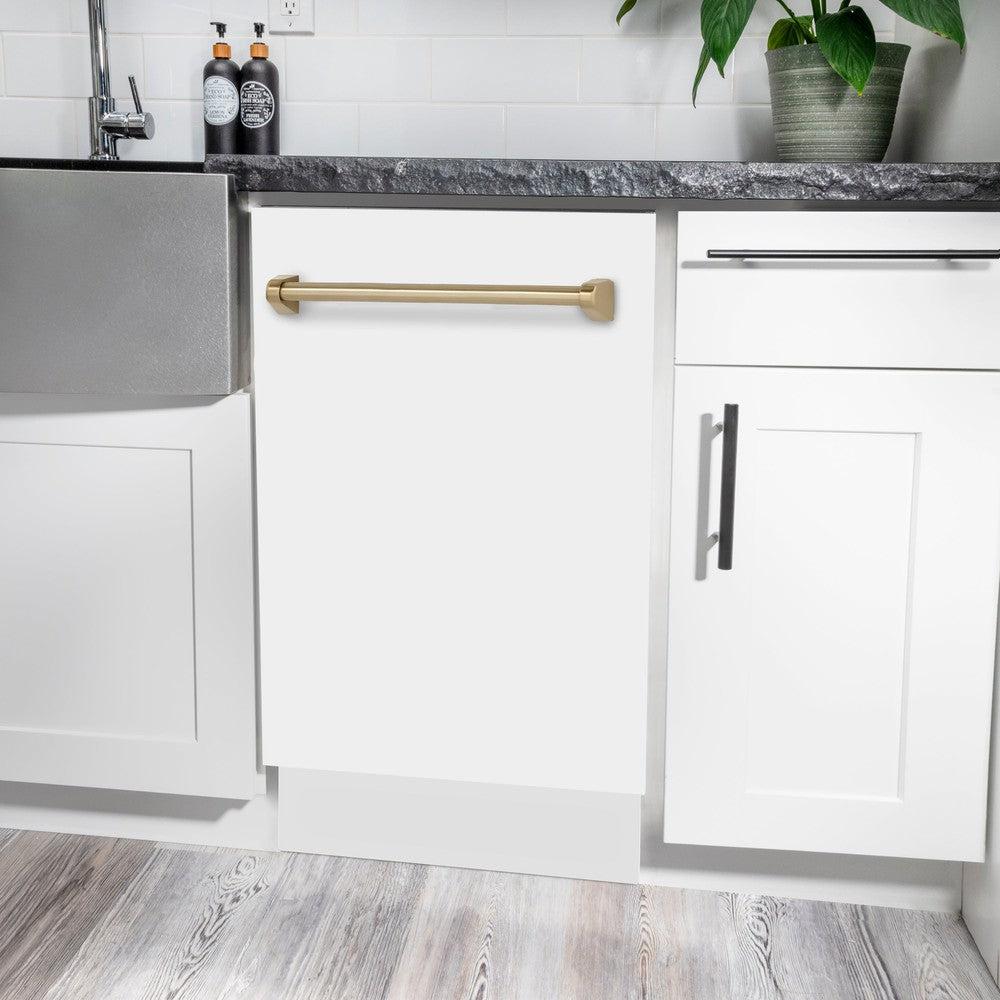 ZLINE Autograph Edition 18-Inch Compact Dishwasher with 3rd Rack - White Matte Finish & Champagne Bronze Handle, Ultra Quiet 51dBa (DWVZ WM 18 CB) - Perfect for Small Kitchens, Apartments, and RVs