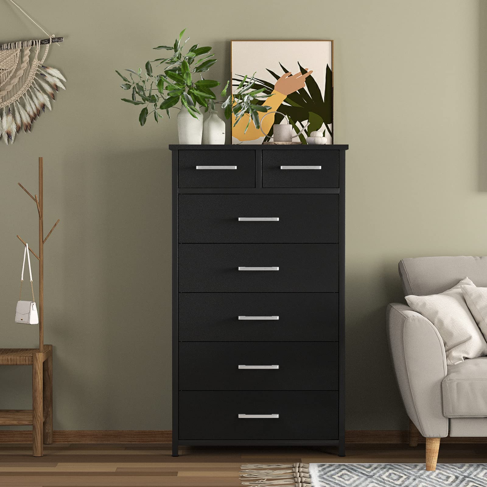 IKENO 7-Drawer Tall Dresser with Sturdy Metal Frame - Industrial Bedroom Storage Cabinet for Clothes Organization | Perfect for Small Spaces & Apartment Living