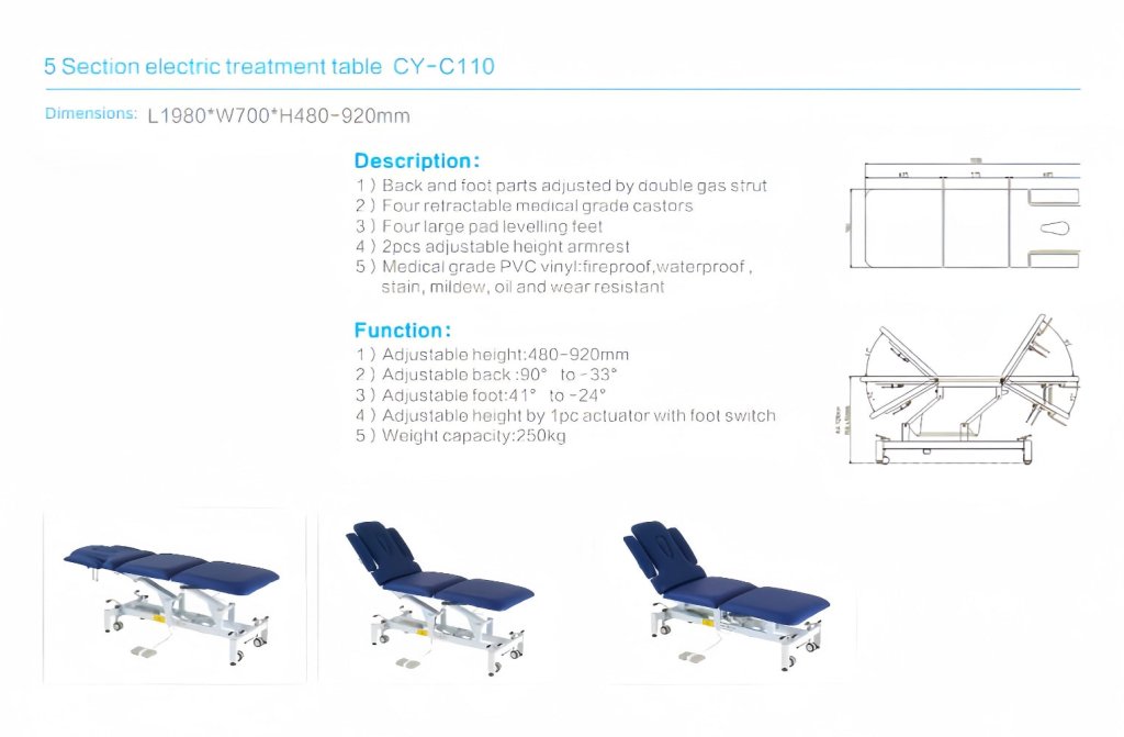 VIVANOVA® Professional Deluxe 5-Section Electric Massage Table Bed for Physical Therapy, Chiropractic & Spa - Adjustable Height for Clinics, RMT & Home Use