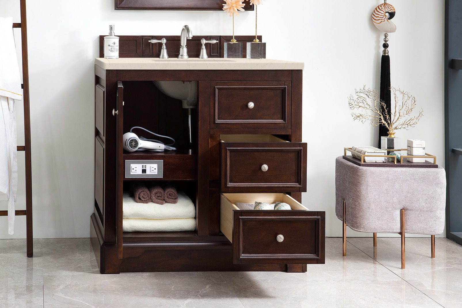 De Soto 36 Inch Single Bathroom Vanity with Burnished Mahogany Finish & 3CM Eternal Marfil Quartz Countertop - Perfect for Modern Master Bathrooms and Powder Rooms