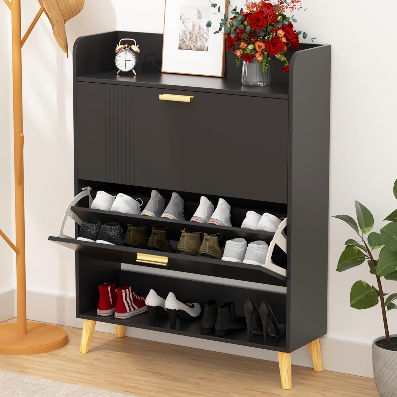 Garden 4 You Shoe Cabinet with 2 Flip Drawers - Freestanding Shoe Organizer with Wooden Legs, Narrow Shoe Storage for Entryway, Hallway, Living Room & Bedroom (Black) - Perfect for Small Spaces & Apartment Organization