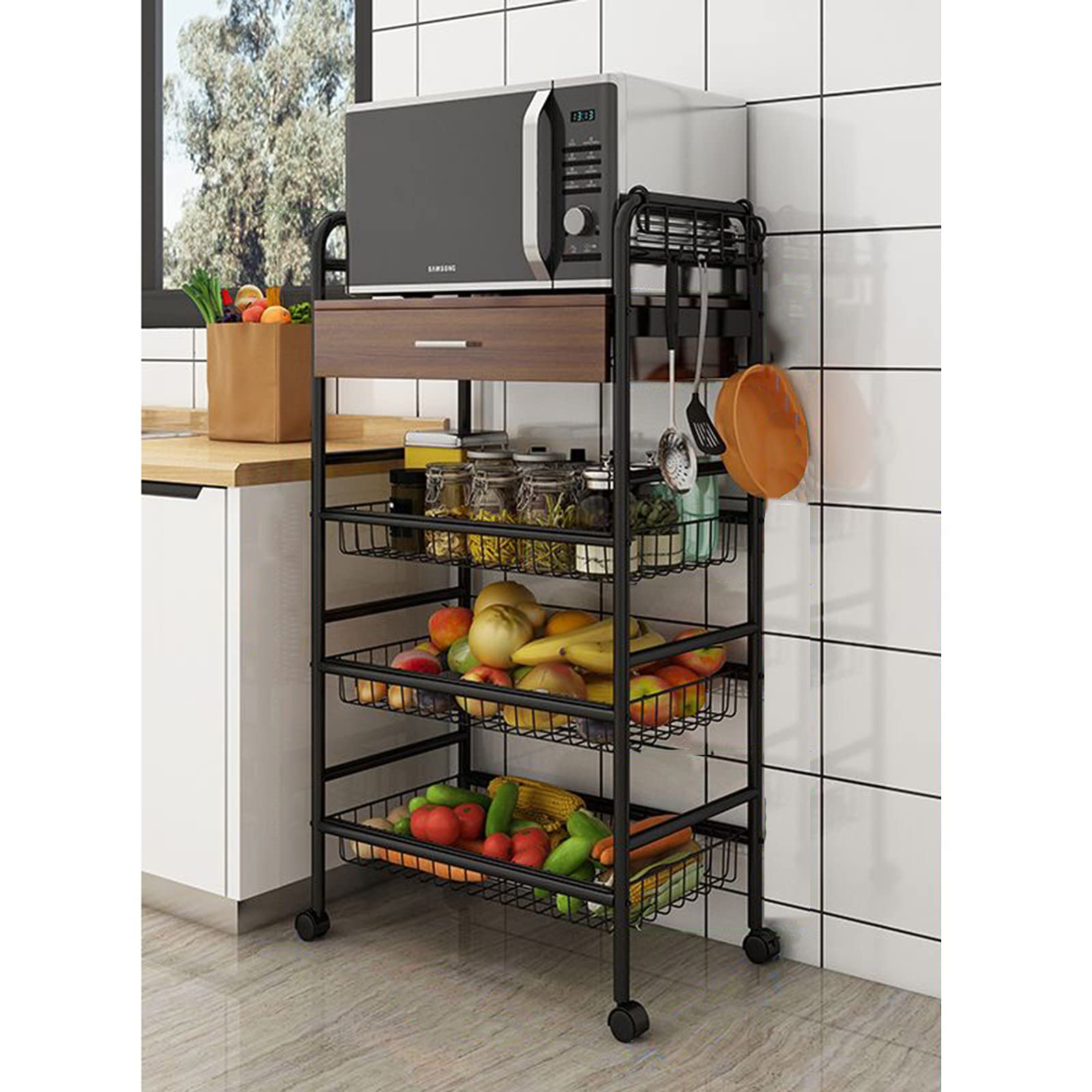 4-Tier Metal Rolling Storage Cart with Wheels - Kitchen Organizer Rack for Pantry, Living Room, Bathroom | Space-Saving Utility Cart for Home & Office Organization