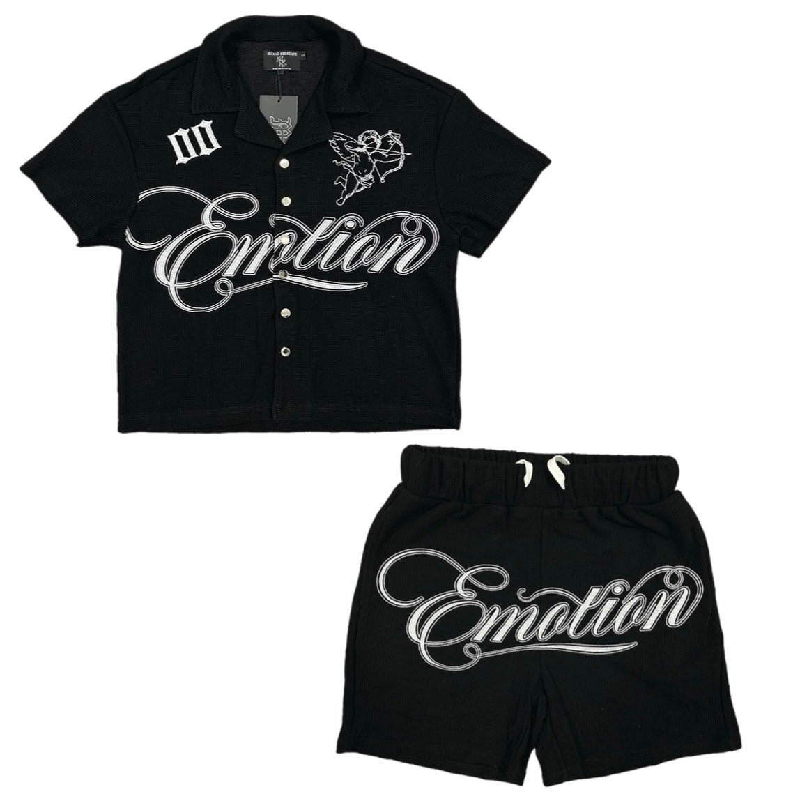 Mix Emotion Black Signature Button Up Short Set for Men - Stylish Summer Outfit for Casual Wear, Beach & Vacation