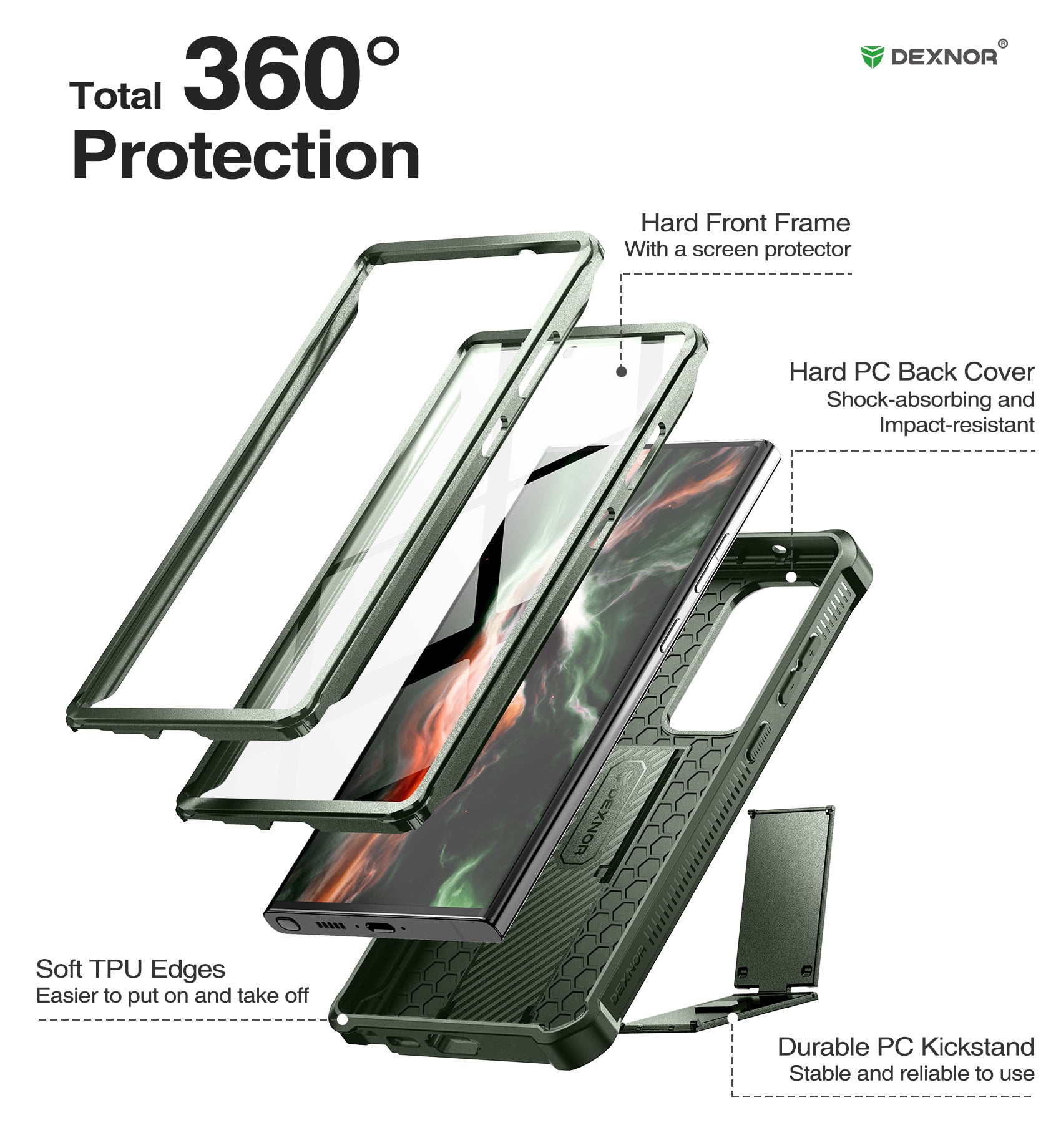 Dexnor Heavy Duty Shockproof Case for Samsung Galaxy S23 Ultra with Built-in Screen Protector, Full Body Bumper & Kickstand - Perfect for Outdoor Activities, Work, and Travel Protection