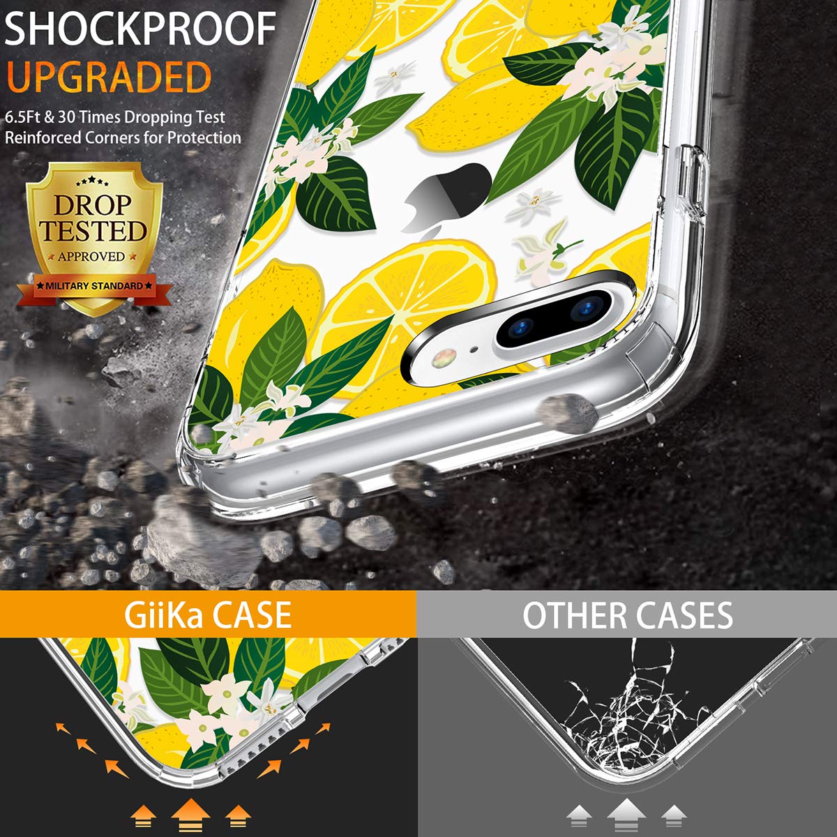 GiiKa Heavy Duty Clear iPhone 8 Plus Case with Screen Protector | Floral Design TPU Bumper Cover | Shockproof Protective Phone Case for Women | Compatible with iPhone 7 Plus (Yellow Lemons Pattern) | Perfect for Everyday Use, Work & Outdoor Activities