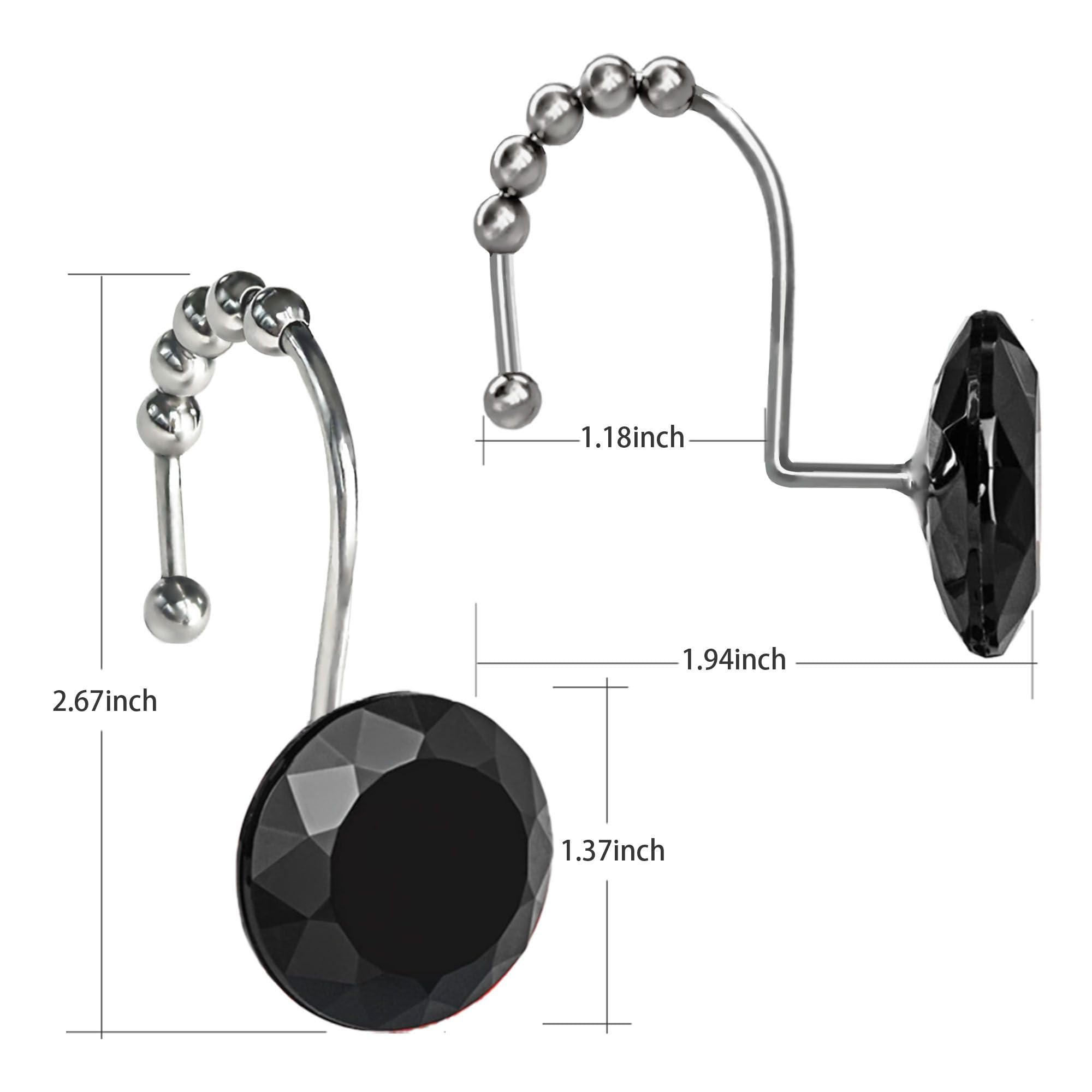 12-Pack Black Crystal Diamond Shower Curtain Hooks - Rustproof Stainless Steel Rings with Rhinestone Decor for Bathroom | Elegant Bling Glam Accessories for Home Spa, Luxury Hotel, and Wedding Decor