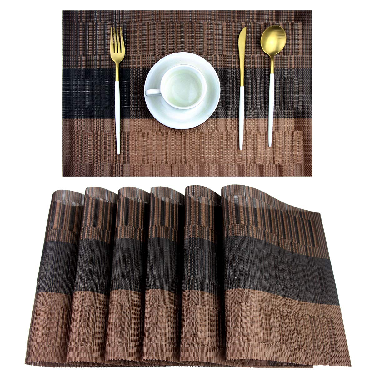 PIGCHCY Washable Vinyl Woven Placemats - Set of 6 Elegant & Durable Table Mats for Dining Room, Kitchen, or Outdoor Use (Bamboo-Brown)
