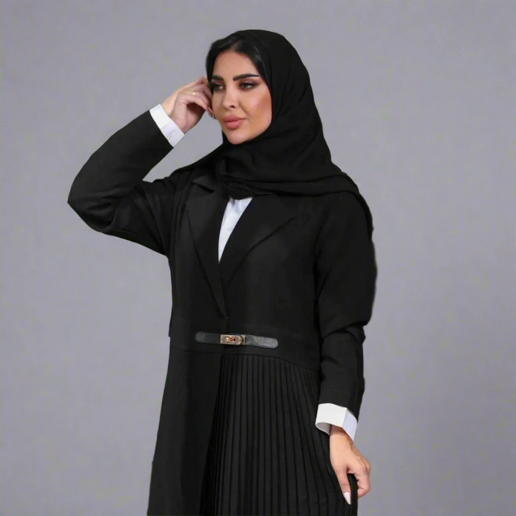 Elegant Pleated Muslim Women's Open Abaya Dress with Adjustable Leather Belt - Modest Islamic Fashion for Prayer, Eid, Wedding & Special Occasions