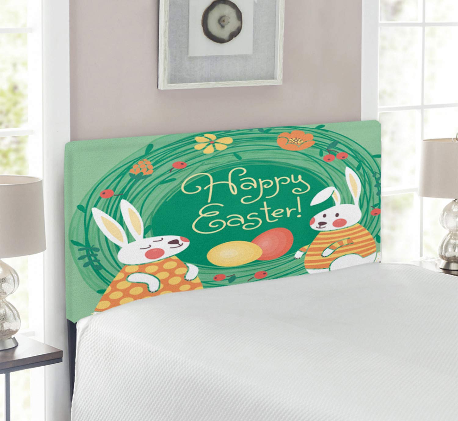 Lunarable Easter Headboard - Retro Bunnies & Colored Eggs Floral Wreath Vintage Design, Upholstered Decorative Metal Bed Frame with Memory Foam, Twin Size, Jade Green & Orange - Perfect for Easter Bedroom Decor, Spring Home Styling, and Kids' Room Makeover