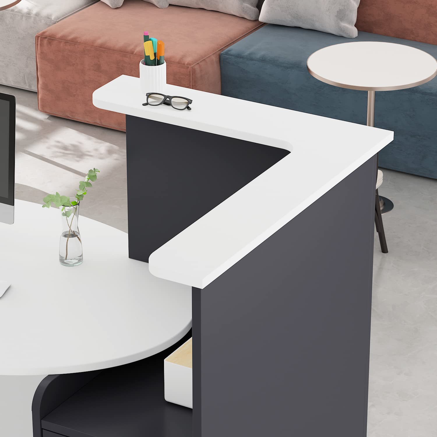Modern Reception Desk with Lockable Drawer & Open Shelves - 50