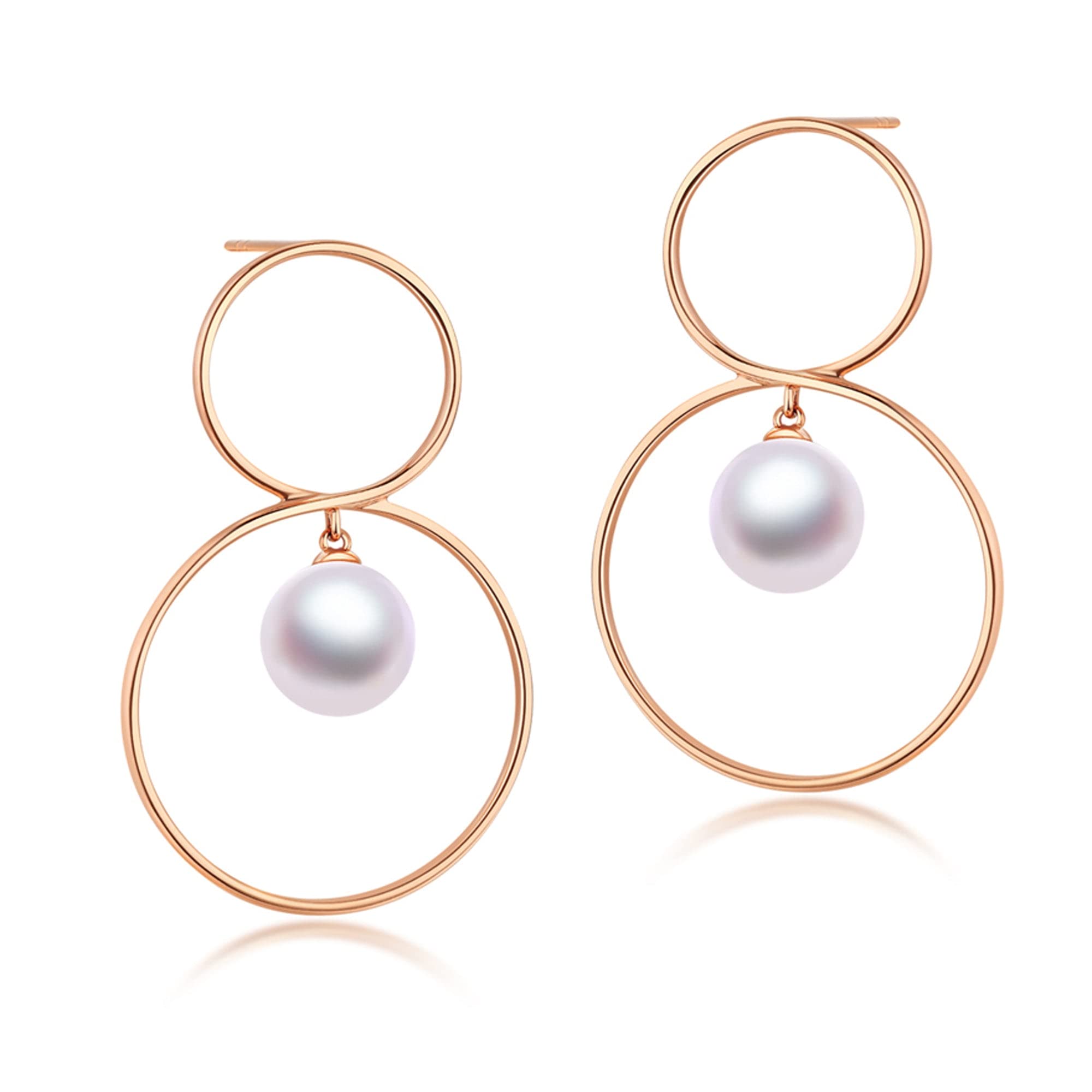 18K Solid Rose Gold Dangle Earrings with White Freshwater Pearls (7.5-8mm) | RVLA Romance Victory Collection | Elegant Pearl Jewelry for Women, Bridal, Wedding, Party & Special Occasions
