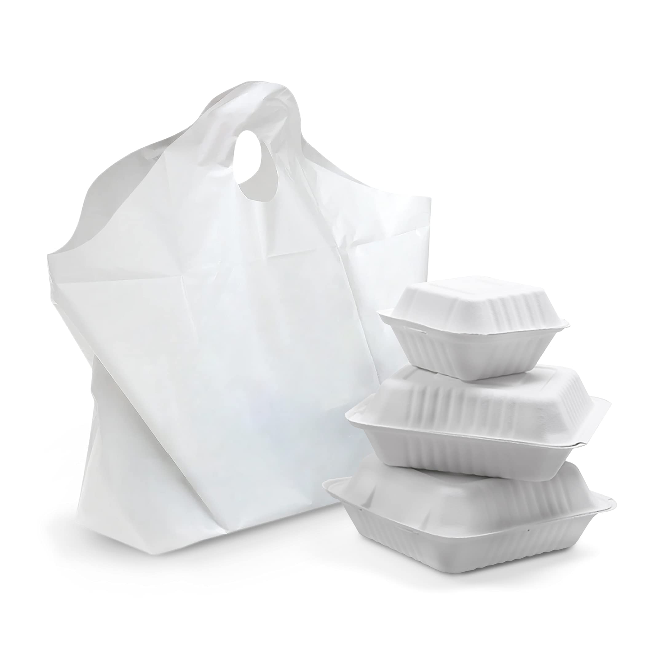 APQ 500-Pack White Take Out Bags with Wave Top Handle 19x18+9.5 BG - Unprinted Merchandise Bags for Retail Shopping & Food Service - Perfect for Restaurants, Bakeries, Parties & Gift Packaging