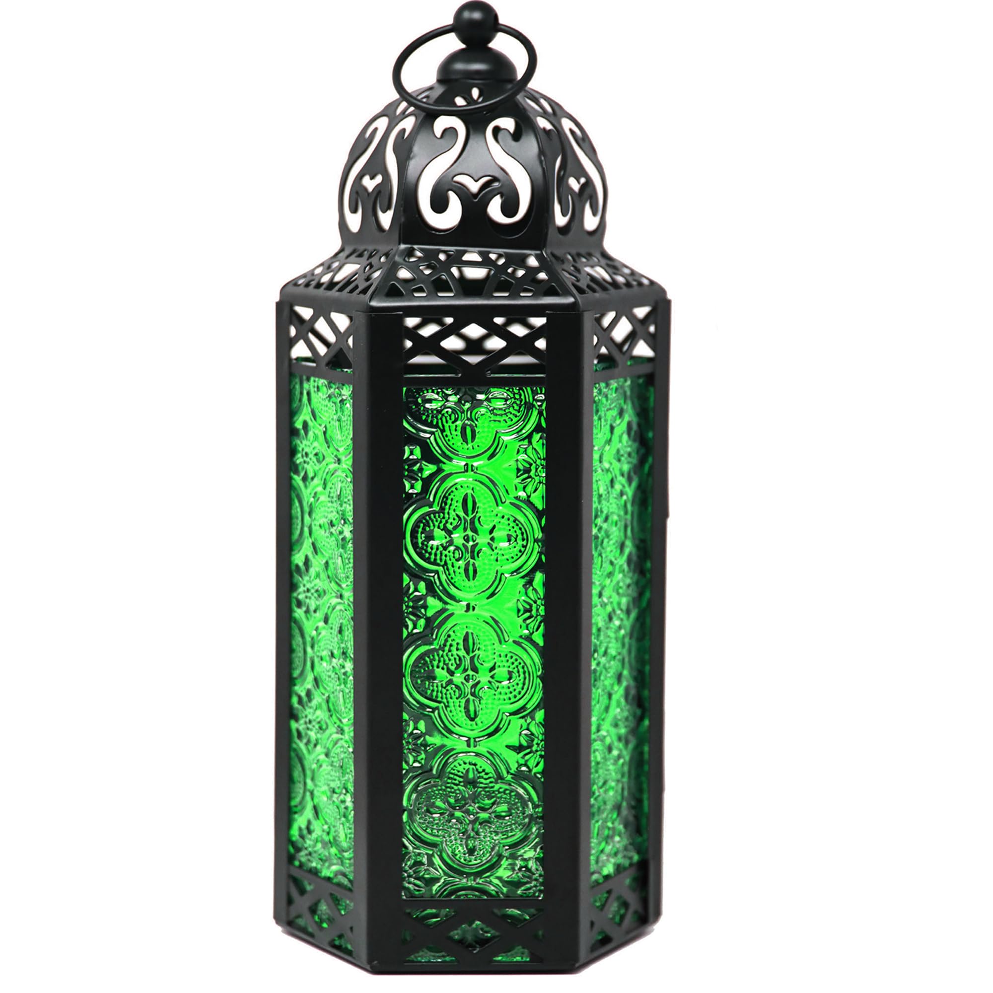 VELA Moroccan Candle Lantern - Decorative Metal Table & Hanging Lamp with Green Glass for Ramadan, Weddings, Home Decor - Indoor Living Room & Outdoor Patio Lighting Accessory