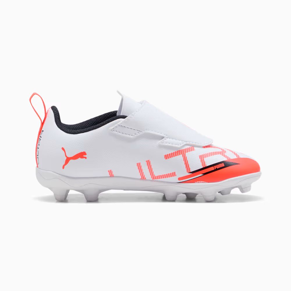 Puma Ultra 5 Play Velcro FG/AG Junior Football Boots for Kids - White/Black/Glowing Red - Lightweight Soccer Cleats for Youth Training & Matches on Firm Ground & Artificial Turf