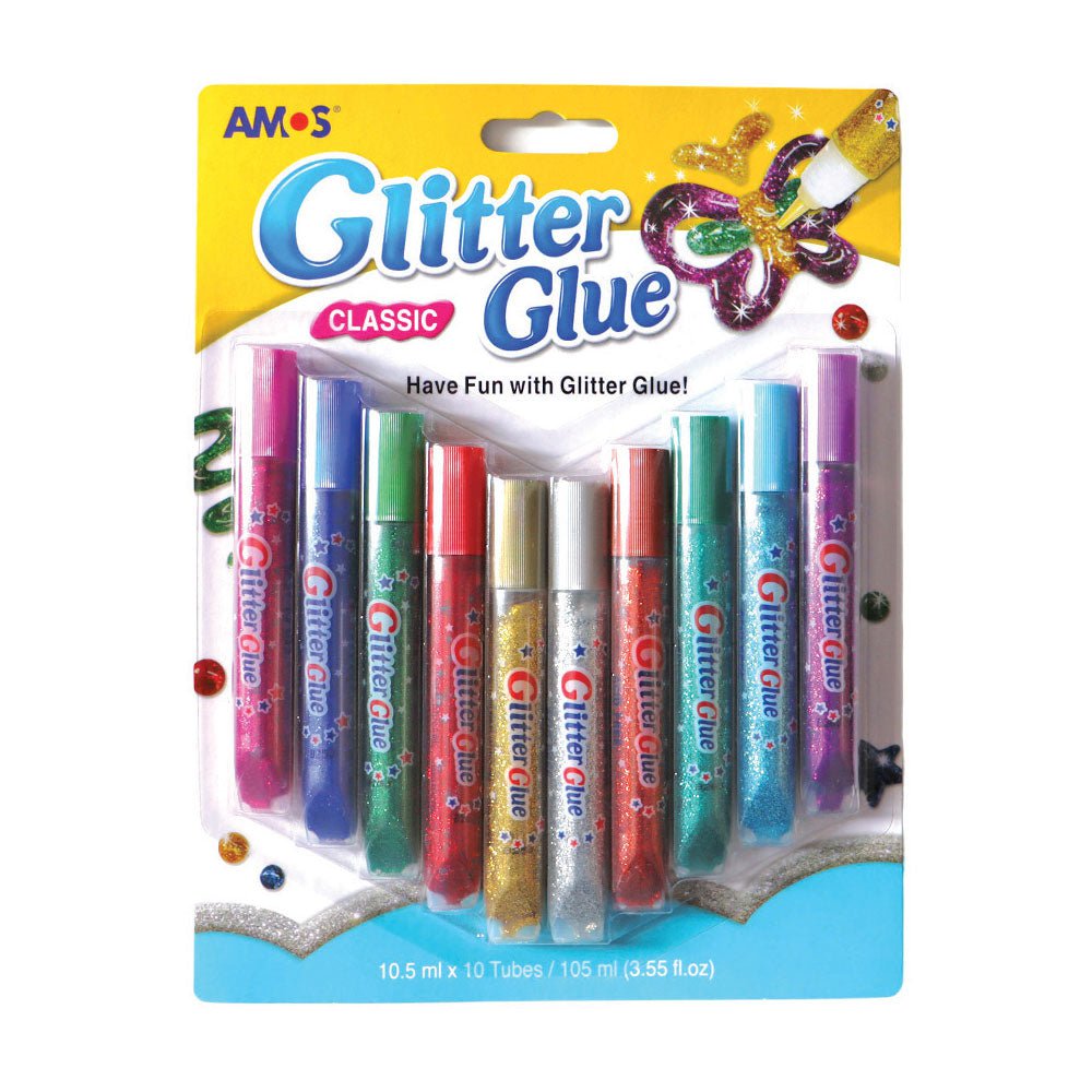 Amos Glitter Glue Set - 10 Pack (10x10.5ml) for DIY Crafts, Scrapbooking, and School Projects - Non-Toxic Sparkle Glue for Kids & Adults