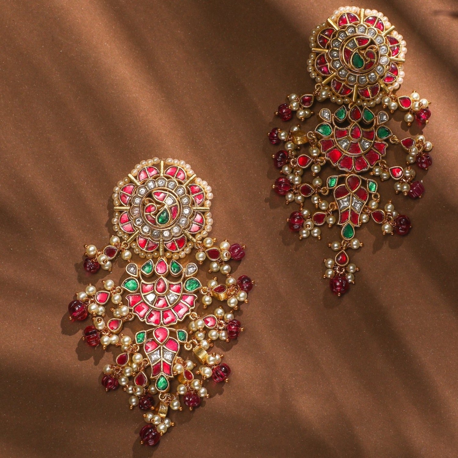 Adhira Gold Plated Kempu Jadau Earrings for Women – Traditional Indian Jewelry – Handcrafted Bridal Earrings – Perfect for Weddings, Festivals & Special Occasions