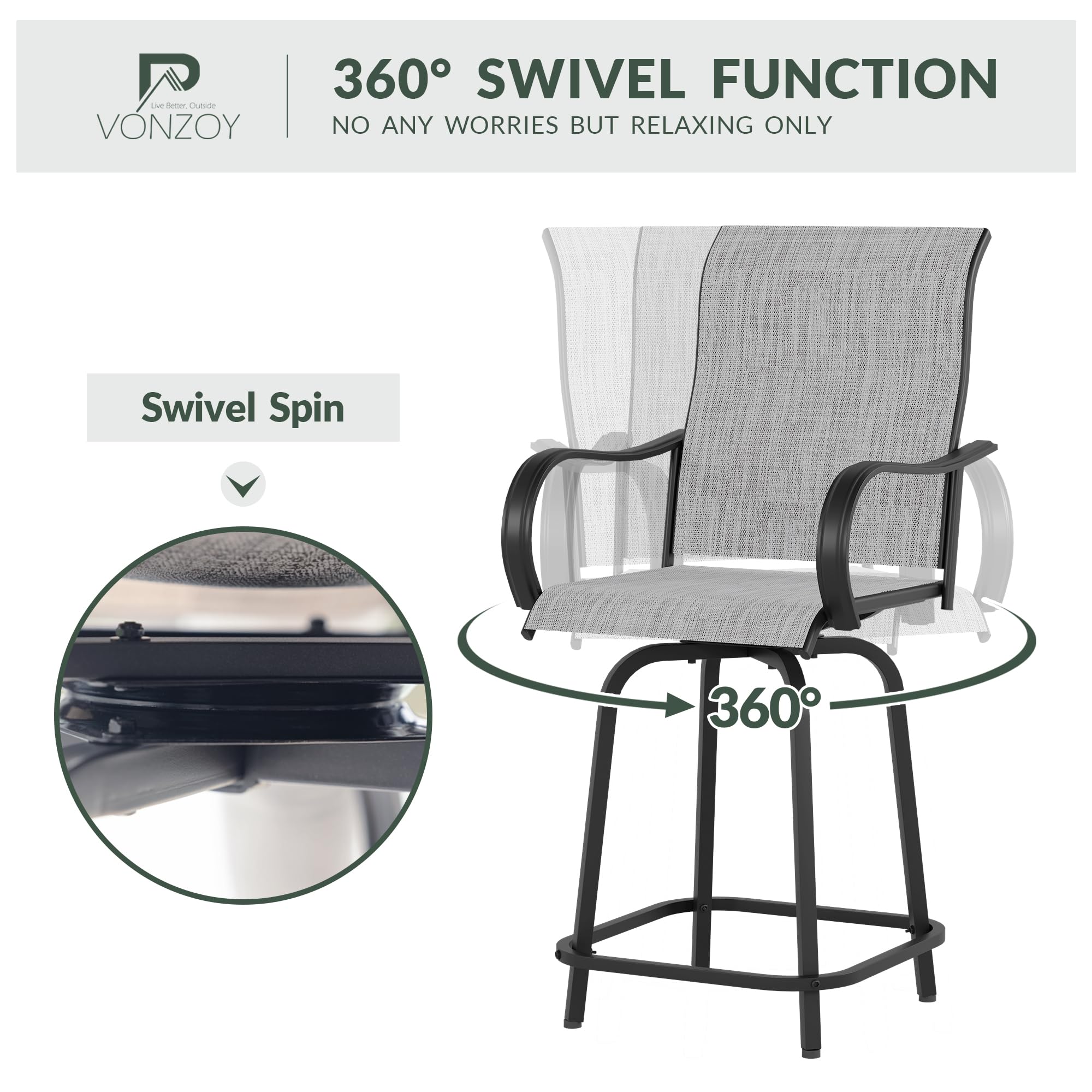 4-Piece Outdoor Patio Swivel Bar Stools Set - High Back Bar Height Chairs with Armrests, 300lb Capacity, All-Weather Mesh for Backyard, Poolside, Garden & Deck - Perfect for Outdoor Entertaining & Relaxation (Grey)