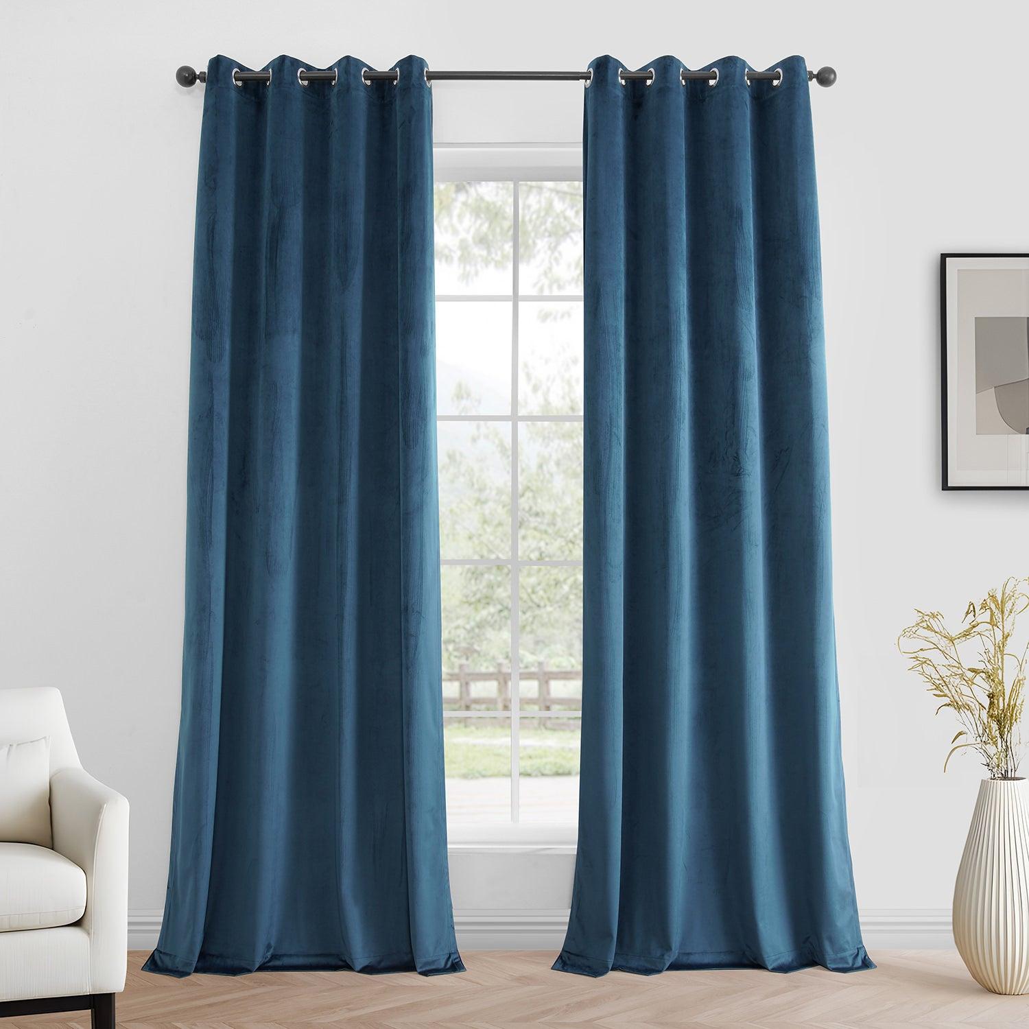 Dark Blue Grommet Blackout Velvet Curtains - 2 Panels Set for Bedroom & Living Room Window Treatment | Noise Reducing & Light Blocking Drapes for Home Decor