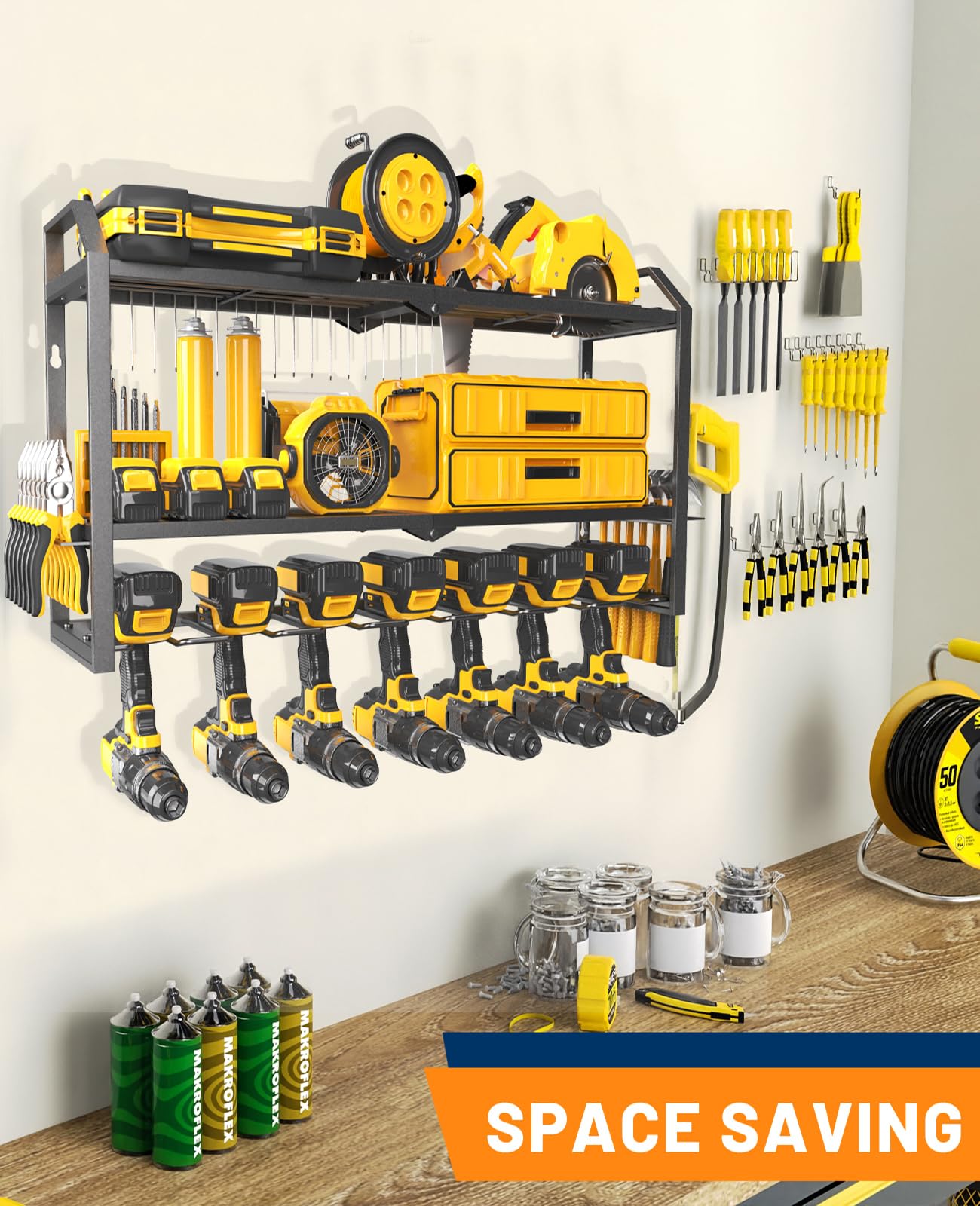 Heavy Duty Wall Mount Power Tool Organizer - 7 Drill Holders & 3-Tier Storage Rack (26 Inch) for Garage, Workshop & DIY Projects - Perfect Tool Organization Gift for Men & Husband
