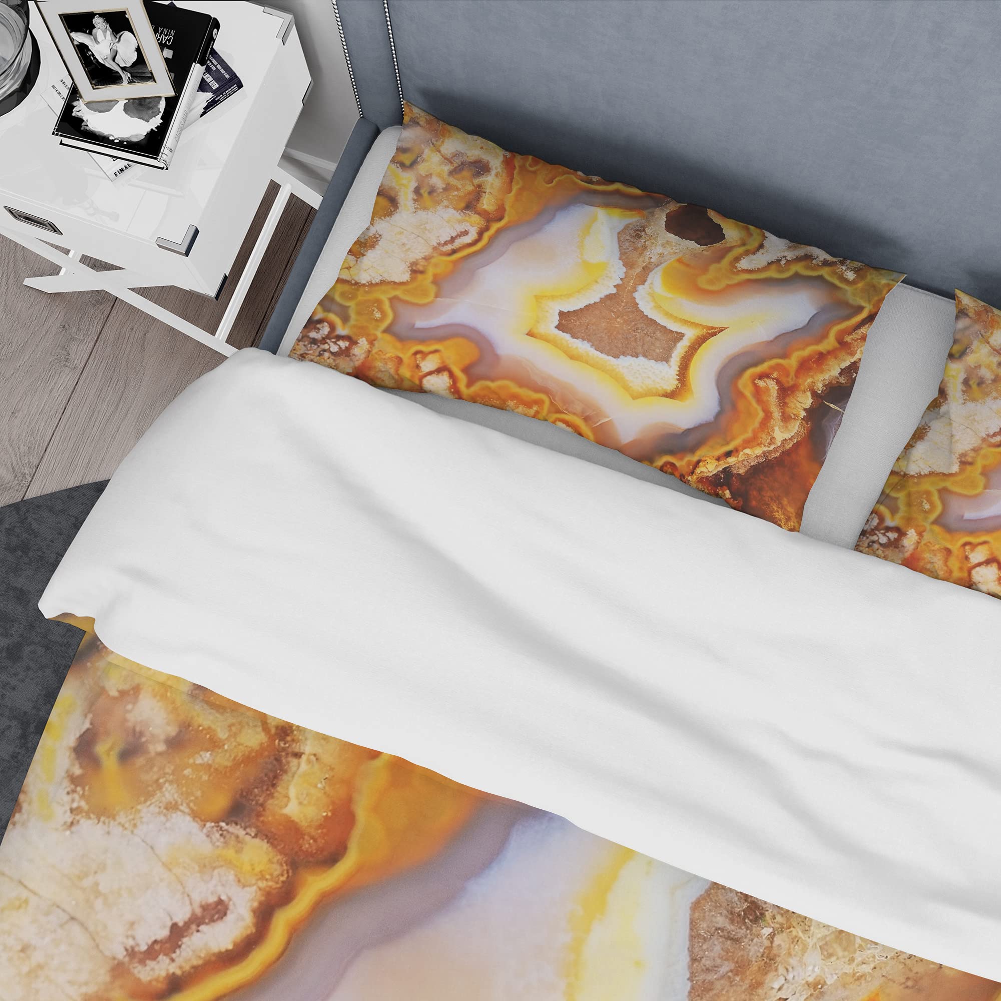 DesignQ Precious Brown Agate with Crystals Modern Duvet Cover Set - Gold Twin Size Abstract Bedding (3-Piece) | All-Season Luxury Bedding for Contemporary Bedrooms & Guest Rooms