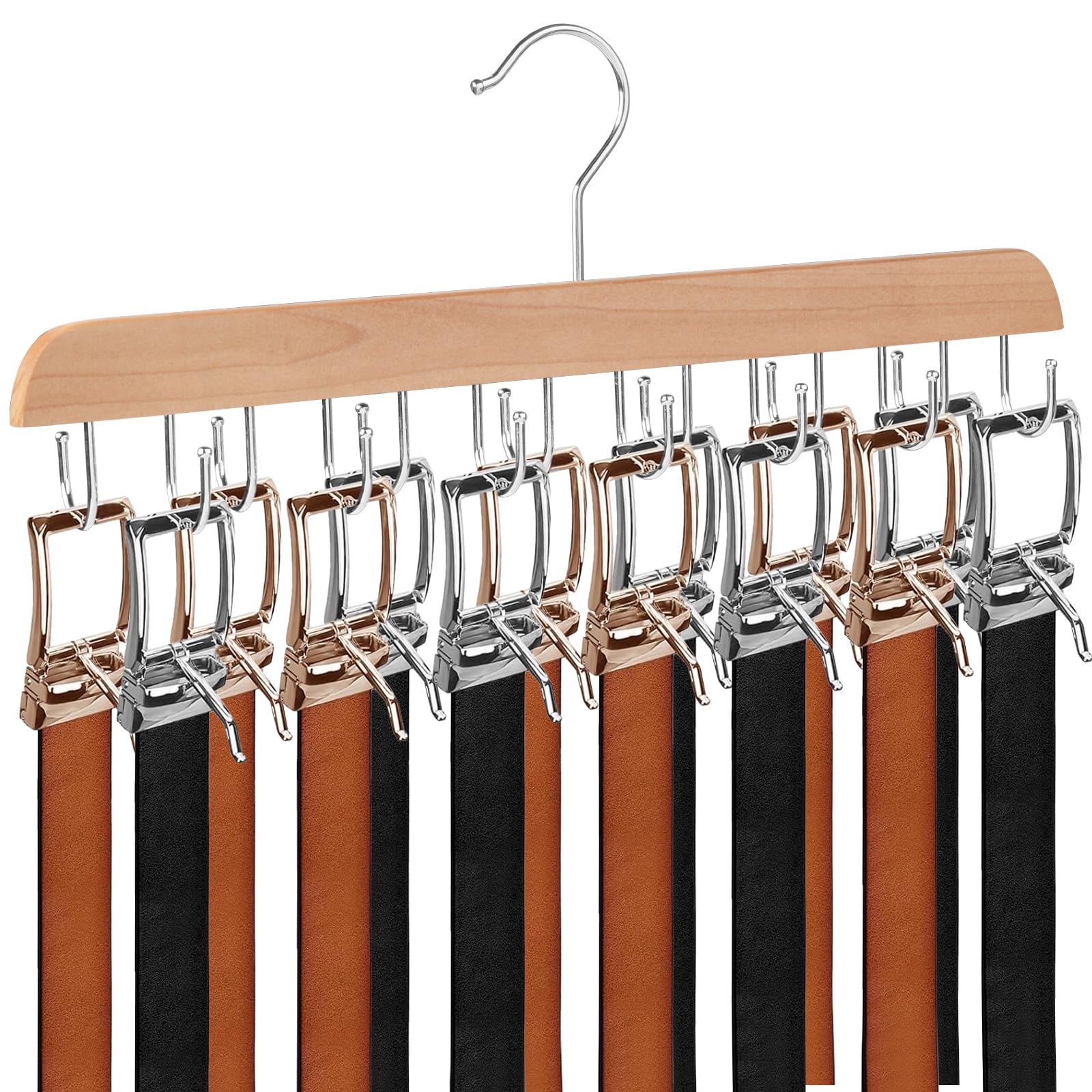 Sturdy Wooden Belt Hanger for Closet - 14 Hooks Holds 42 Belts & Ties | Space-Saving Closet Organizer for Men & Women | Perfect for Bedroom, Walk-in Closet & Dorm Storage (Yellow, 1 Pack)
