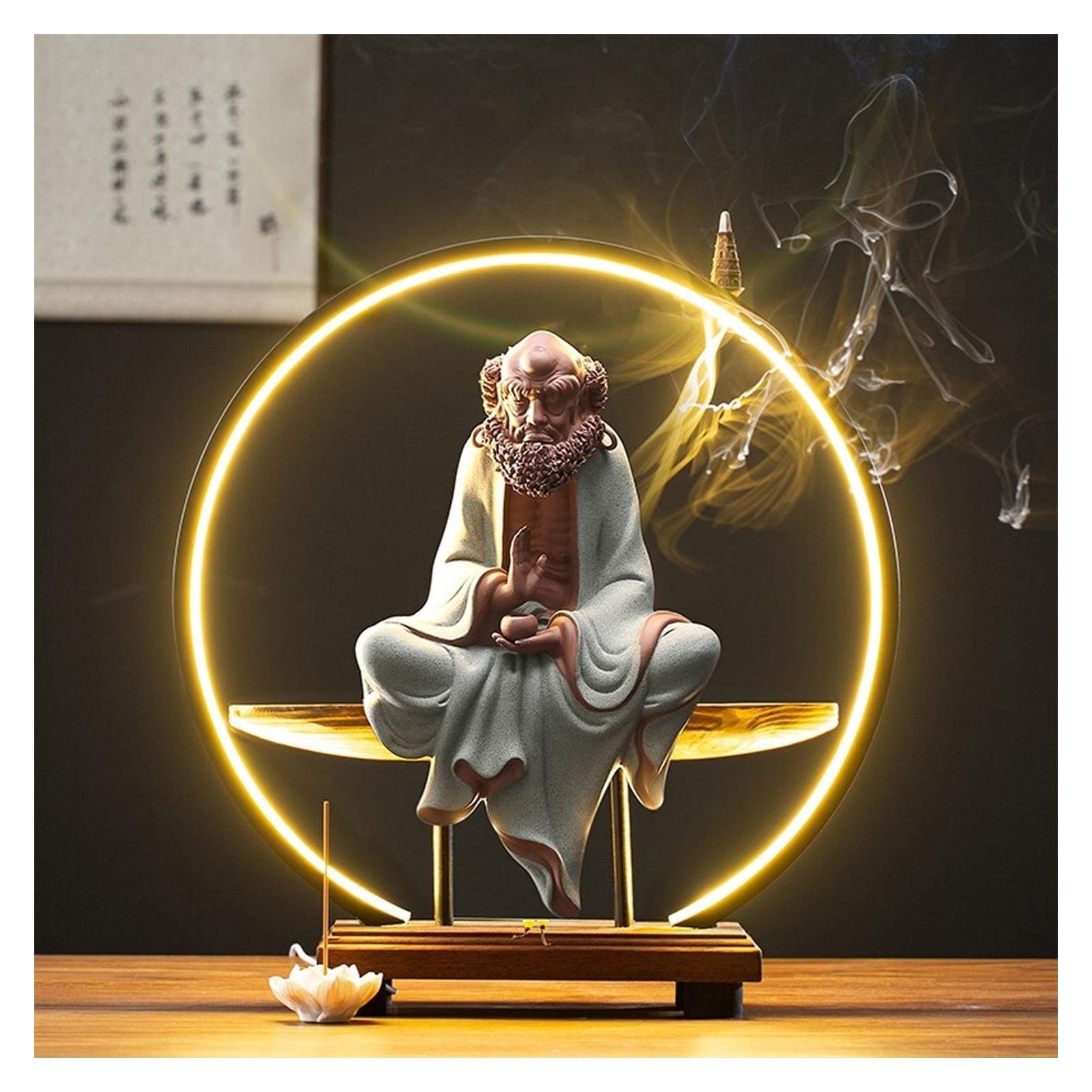 Premium Ceramic Backflow Incense Burner with LED Light Ring - Buddha Statue Zen Home Decor for Meditation, Yoga & Relaxation | Handcrafted Aromatherapy Holder for Incense Cones | Perfect Gift for Spiritual Spaces (Color: C)