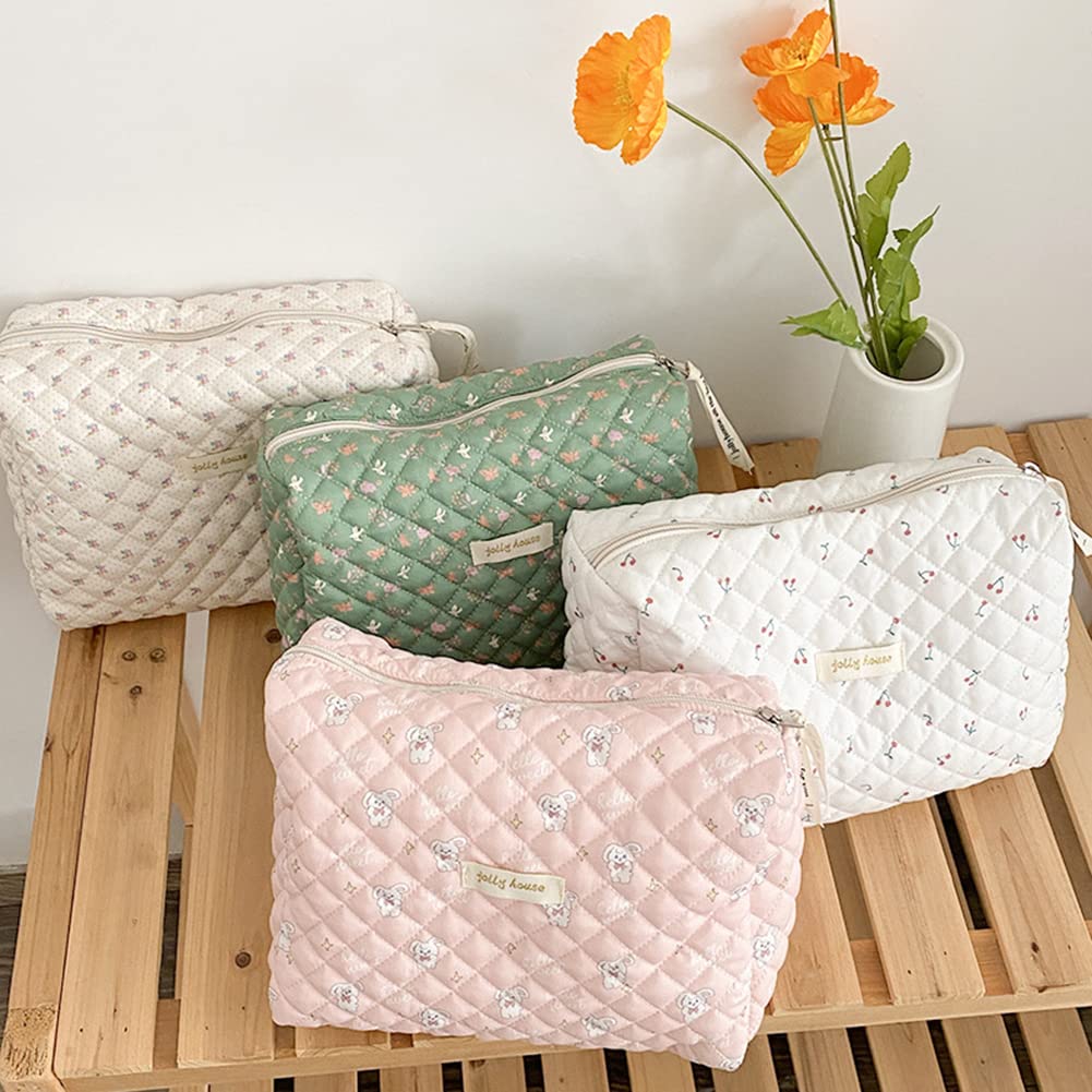 Juoxeepy Large Cotton Makeup Bag - Quilted Cosmetic Pouch for Travel & Toiletries | Coquette Aesthetic Floral Design | 9.4x6.7x3.54 inches (B-Beige) | Perfect for Vacation, Gym, Bridal Shower & Daily Organizer