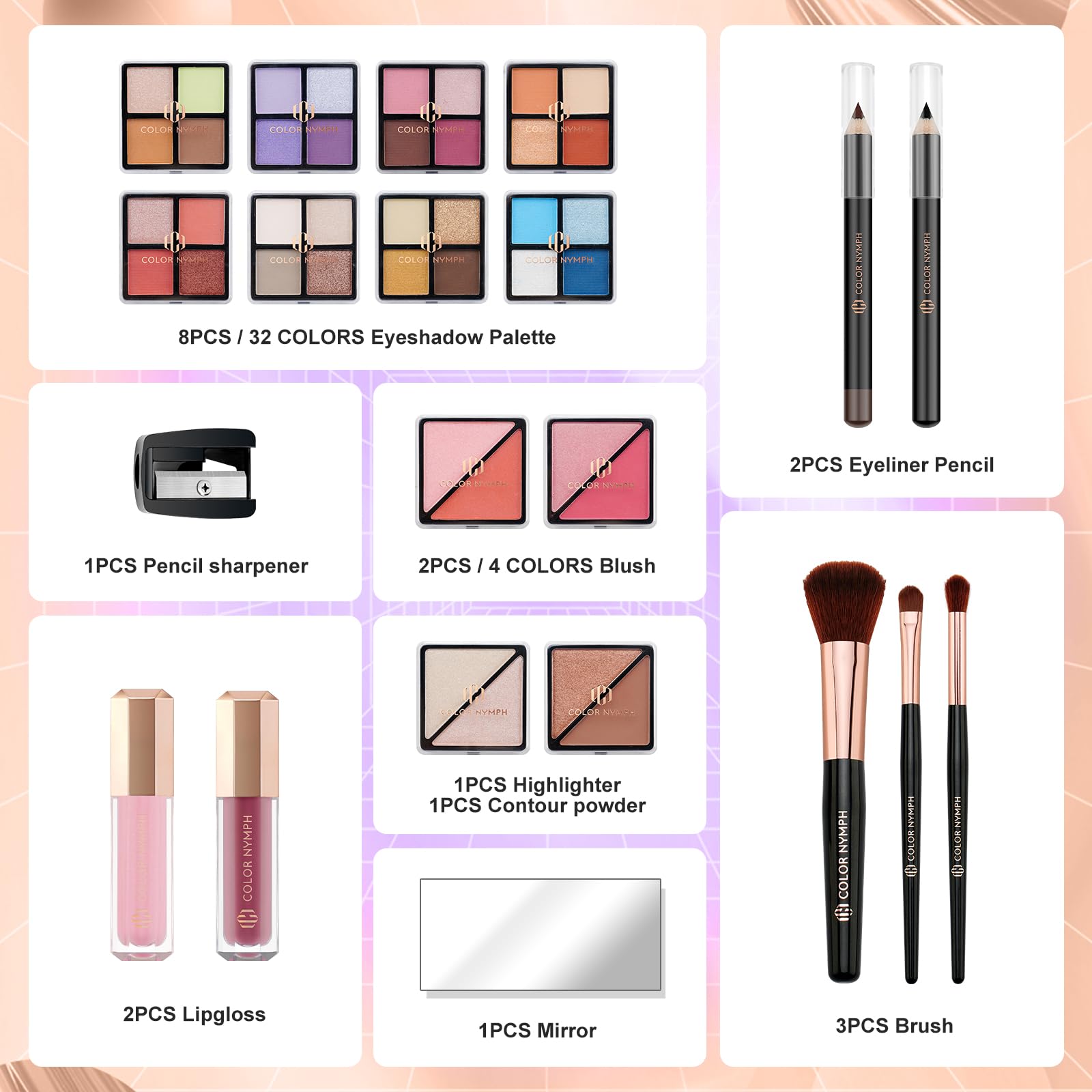 Color Nymph Starter Makeup Kit for Tweens & Teens - 32 Color Eyeshadow Palette with Bronzer, Contour Powder, Blush, Highlighter & Lip Gloss - Pink Train Case Cosmetic Set - Perfect for Birthday Gifts, Sleepovers & First Makeup Practice