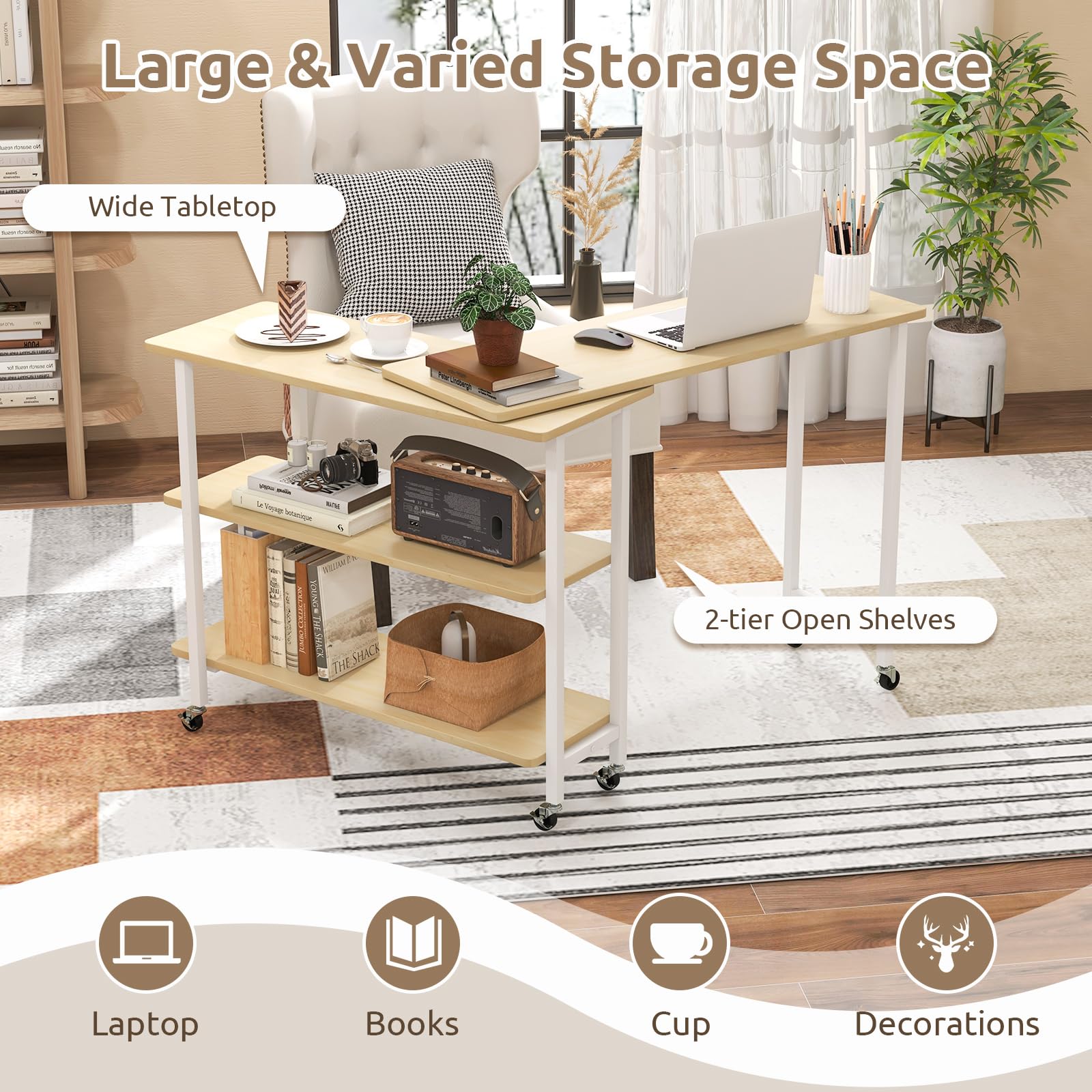 Tangkula 360° Rotating Side Table with 2-Tier Storage - Patented Mobile End Table with Lockable Casters & Metal Frame - Swivel Rolling Desk for Living Room, Bedroom, Office - Perfect as Laptop Table, Couch Snack Table, or Nightstand