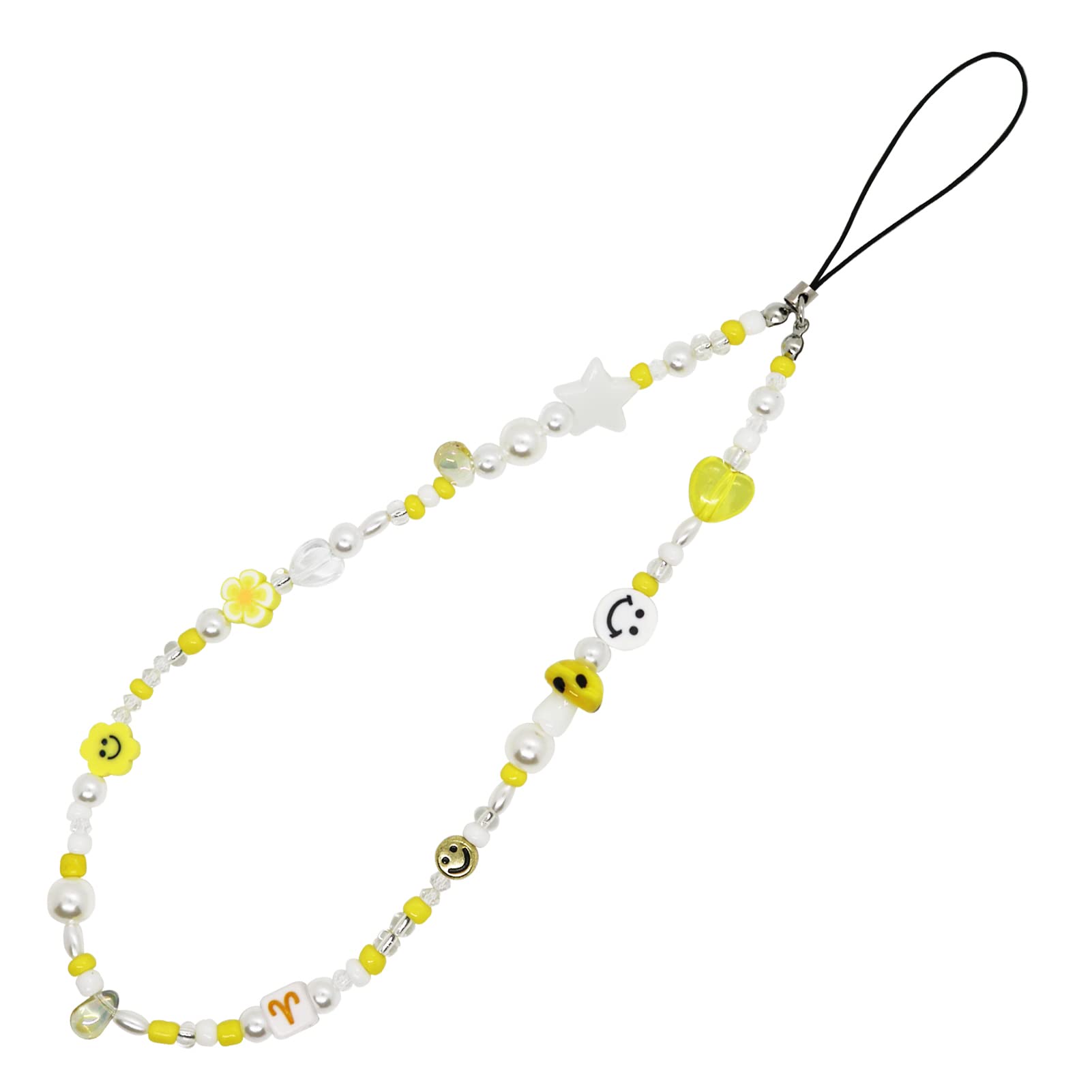 Beaded Phone Charm & Lanyard Wrist Strap - Polymer Clay Smiley Face Beads Bracelet Keychain Jewelry Accessory - Perfect for Cell Phone, Keys & Purse Organization (Gift Idea)