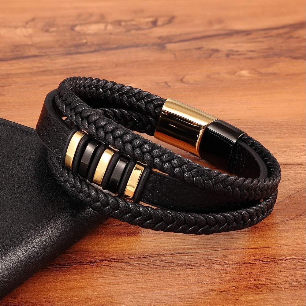 Stylish Multi-Layer Braided Leather Bracelet for Men with Magnetic Clasp - Infinity Black Italian Genuine Leather Cuff Bangle (8.3