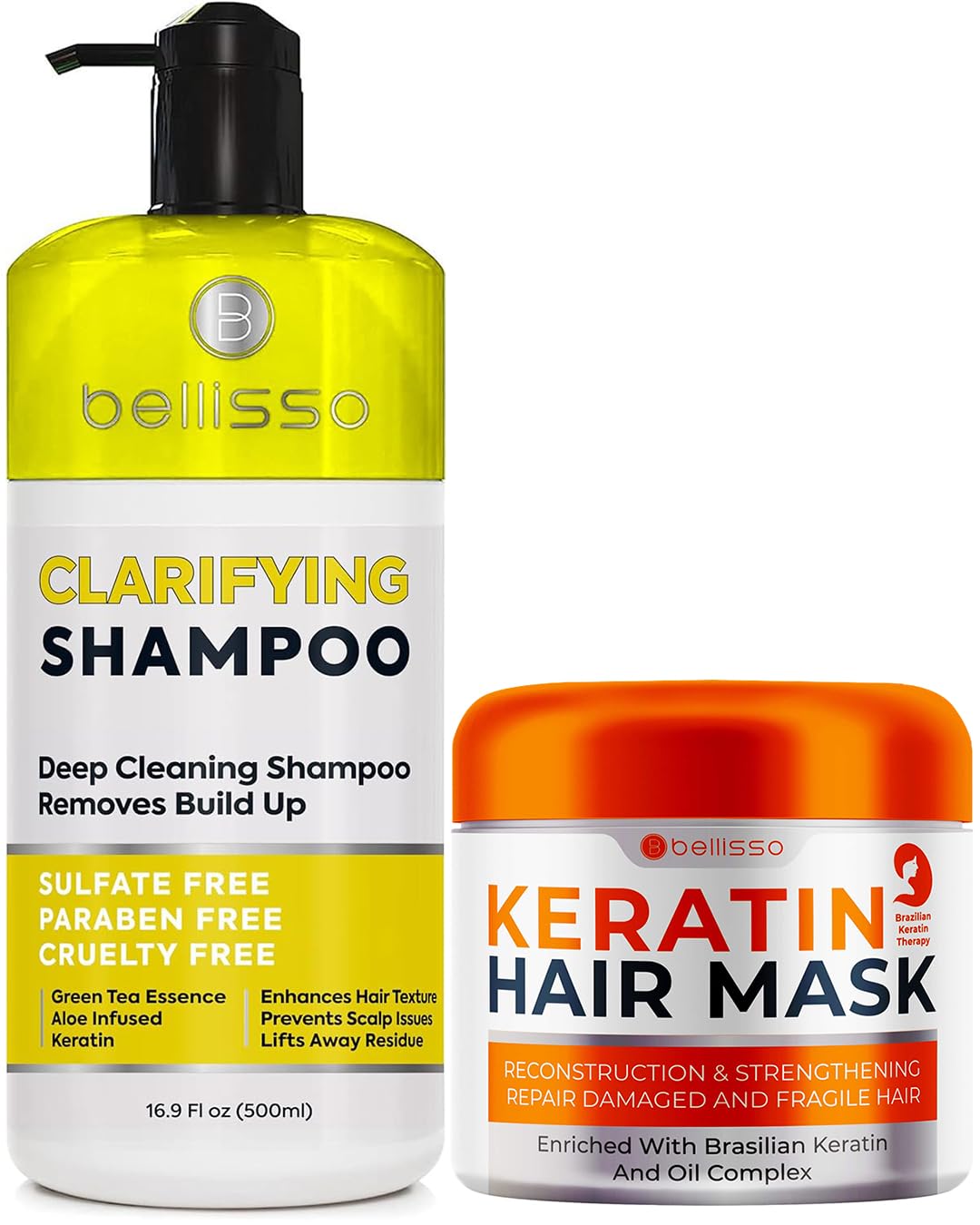 BELLISSO Clarifying Shampoo & Keratin Hair Mask for Women & Men - Deep Cleansing & Repair for Color-Treated, Oily or Damaged Hair - Salon Quality Hair Care at Home