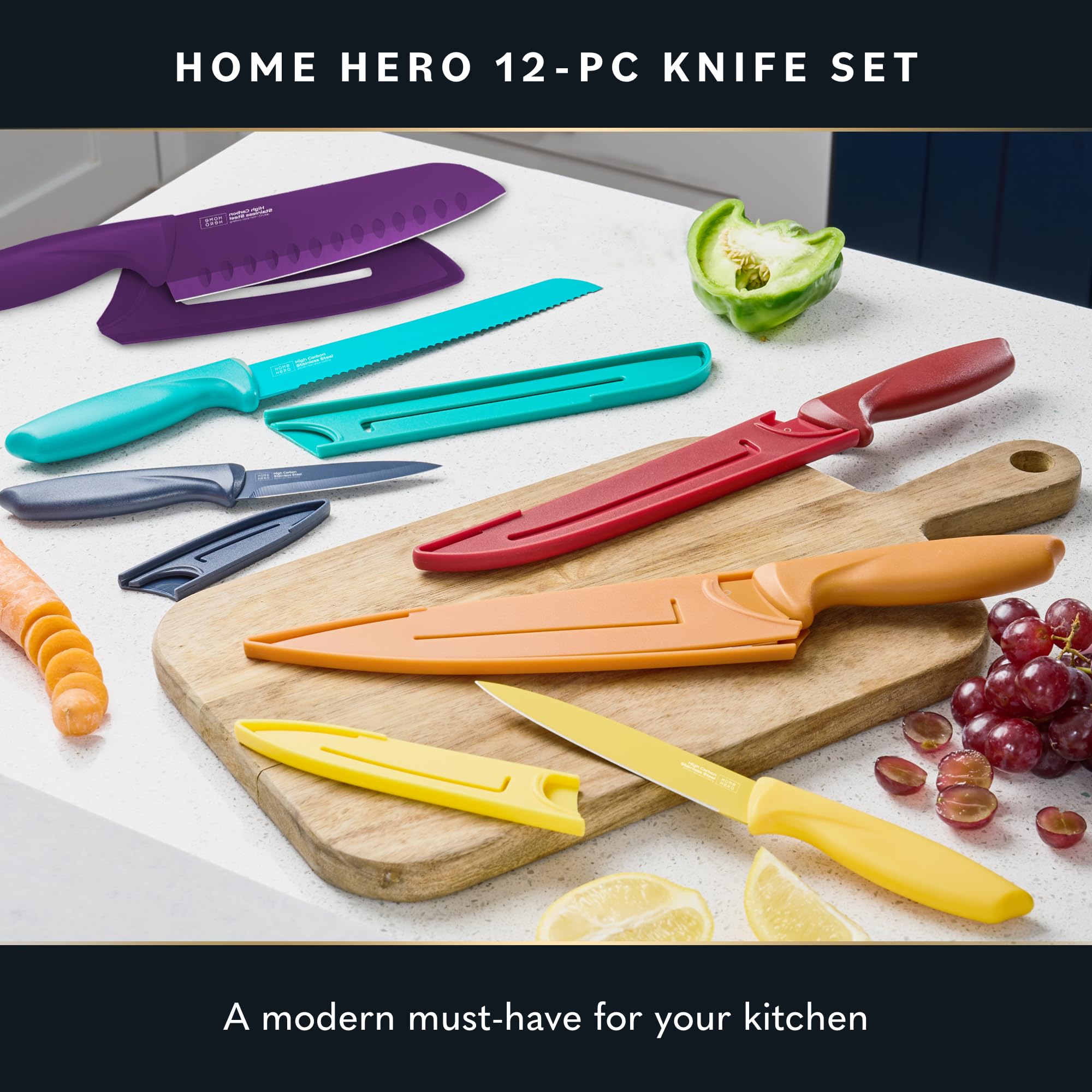 Premium 12-Piece Kitchen Knife Set - High Carbon Stainless Steel Chef Knives with Ergonomic Handles & Ceramic Coating | Nonstick, Durable & Sharp for Professional Cooking, Meal Prep & Home Use | Includes Protective Sheath Covers (Multicolor)