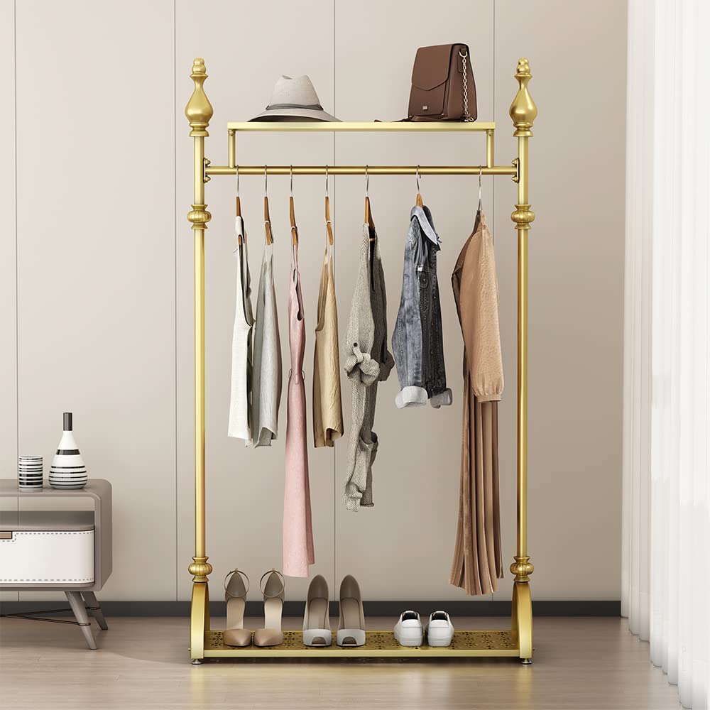 Gold Industrial Clothing Rack - Heavy Duty Freestanding Garment Rack with Double Shelves | Movable Metal Coat Rack for Organizing Clothes & Shoes | Perfect for Bedroom Closet, Retail Store Display & Laundry Room Organization