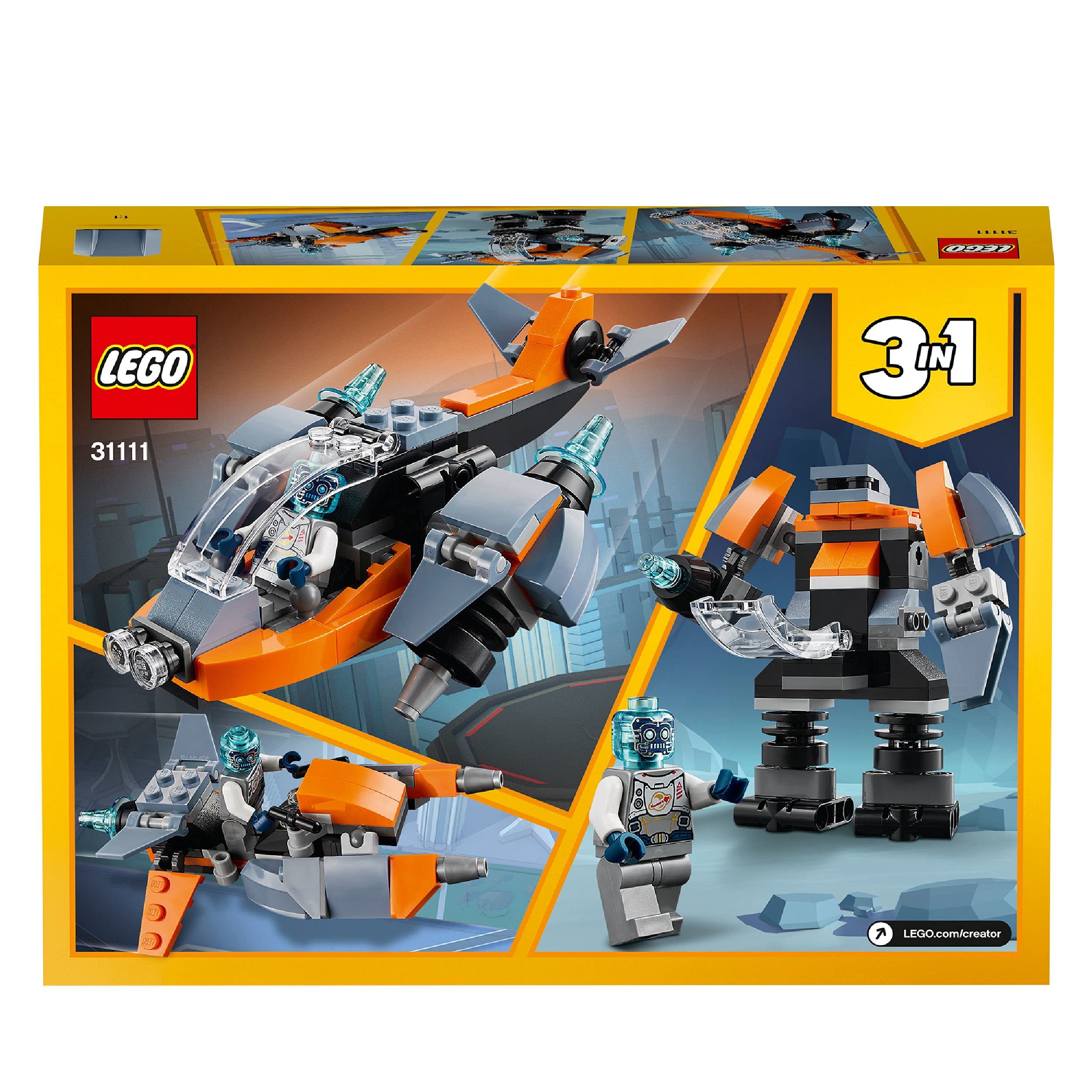 LEGO 31111 Creator 3-in-1 Cyber Drone Building Kit with Motorcycle & Robot Figure - Space-Themed STEM Toy for Boys & Girls Ages 6+ - Perfect for Creative Play, Birthday Gifts & Educational Fun