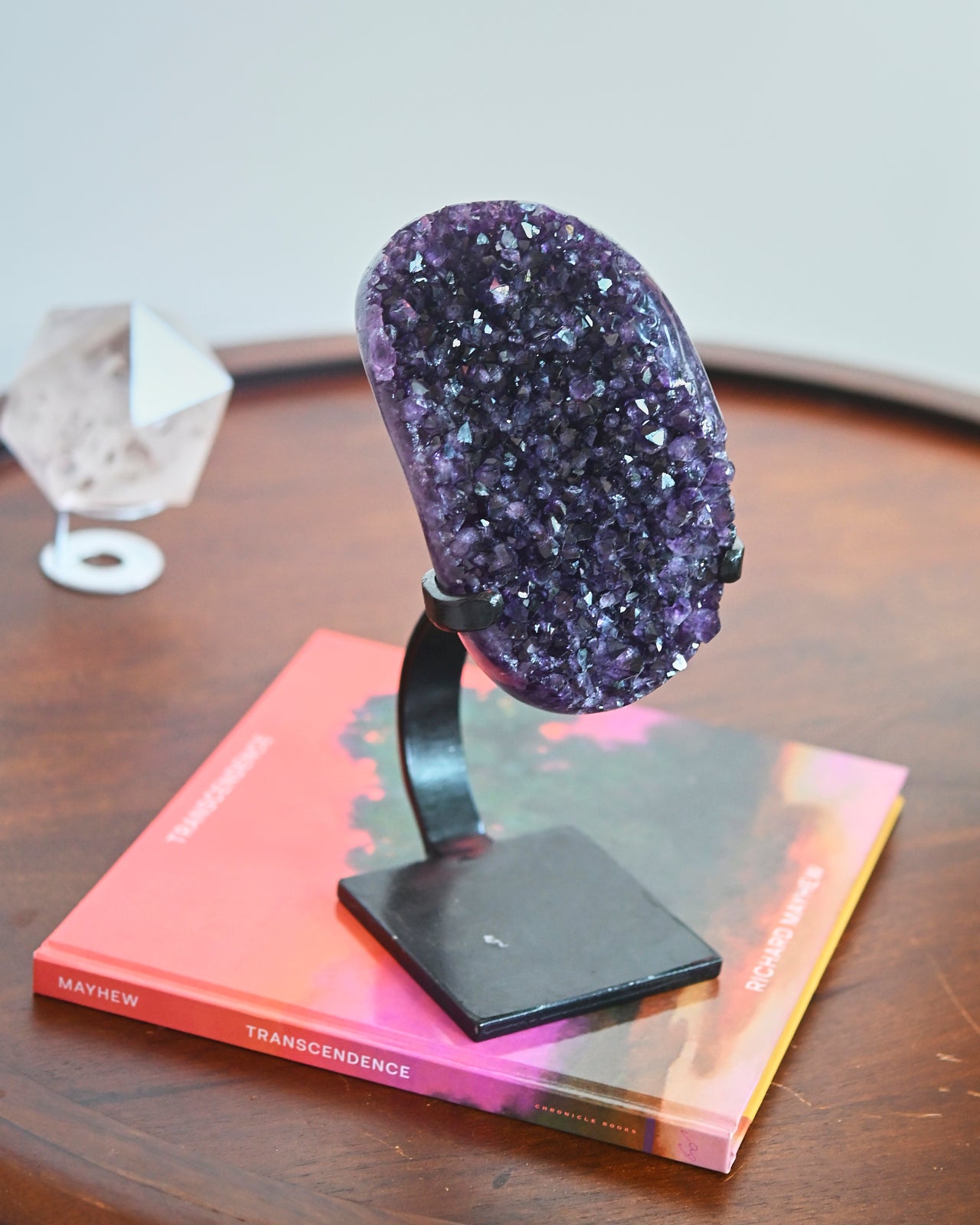 Natural Amethyst Crystal Geode on Wooden Stand - 5 lbs Raw Purple Quartz Cluster - Home Decor, Meditation Stone, Healing Crystal Gift for Spiritual Healing & Office Desk Decor