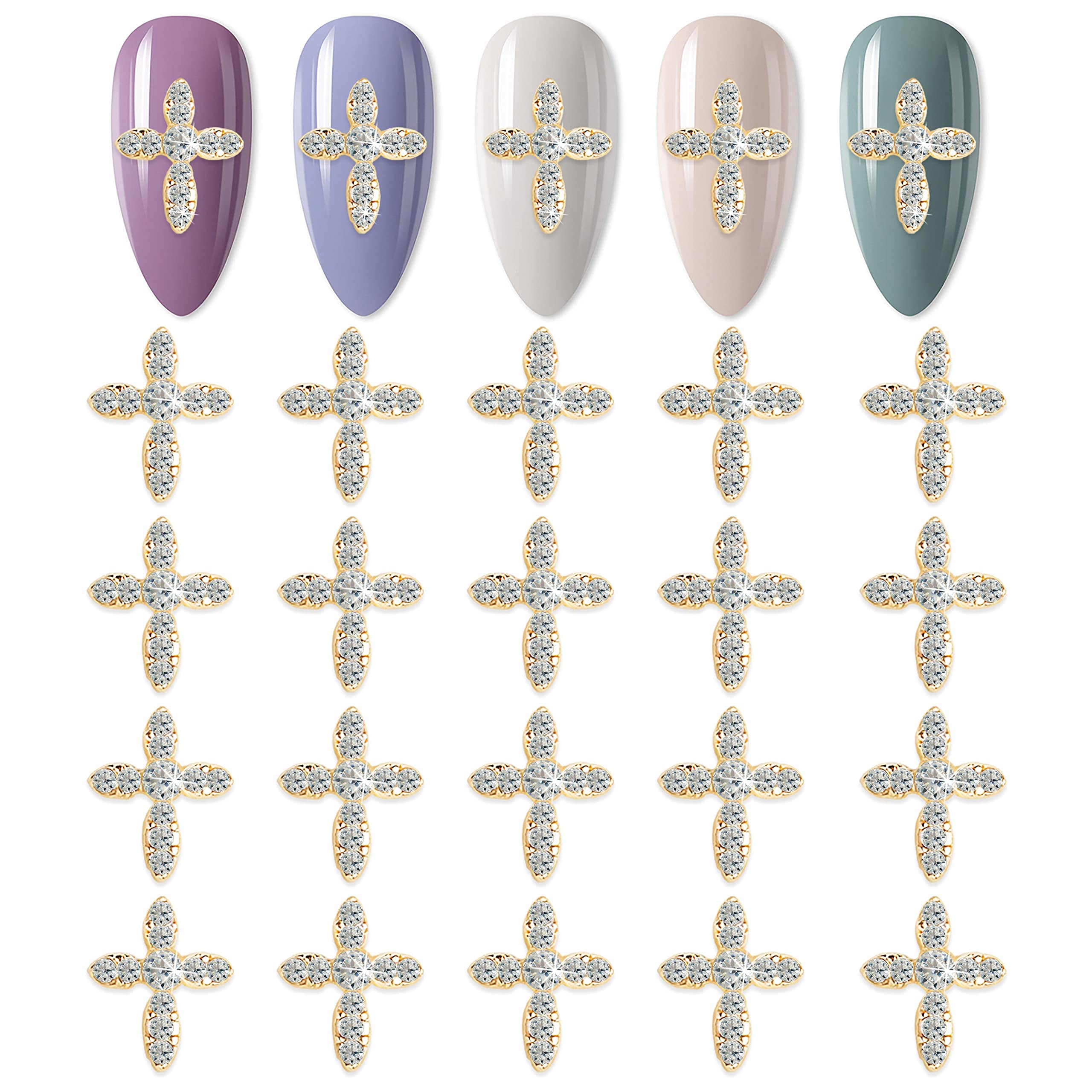 3D Cross Nail Charms - 20pcs Gold Alloy Rhinestone Nail Jewels for Nail Art Decoration | Perfect for DIY Manicures, Bridal Nails, and Party Nail Designs