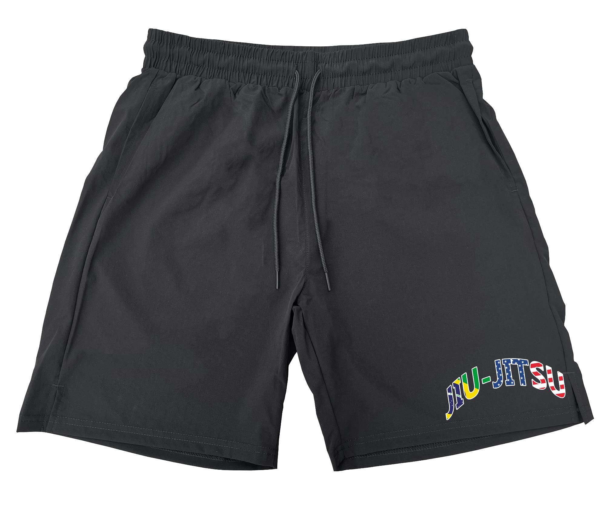 Koyotee Men's Jiu Jitsu Shorts - Brazilian US Flag Design F97 Black Athletic Nylon Running Workout Shorts for MMA, BJJ Training & Gym Workouts