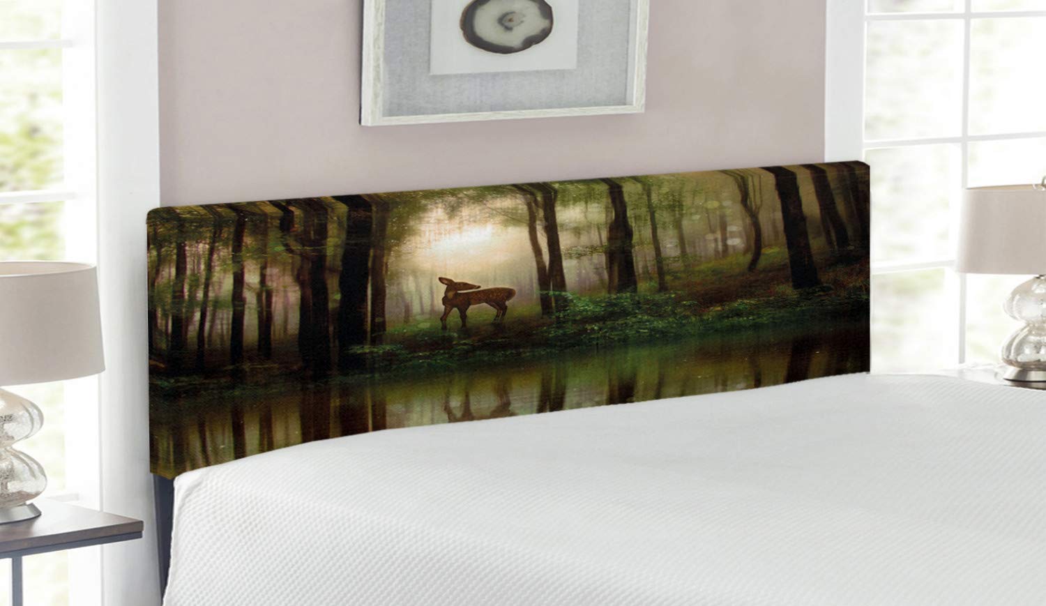 Ambesonne Upholstered Queen Size Headboard - Deer in Forest Reflection Lake Foggy Woodland Design, Memory Foam Decorative Metal Bed Frame in Fern Green & Cocoa Brown | Perfect for Rustic & Nature-Inspired Bedroom Decor