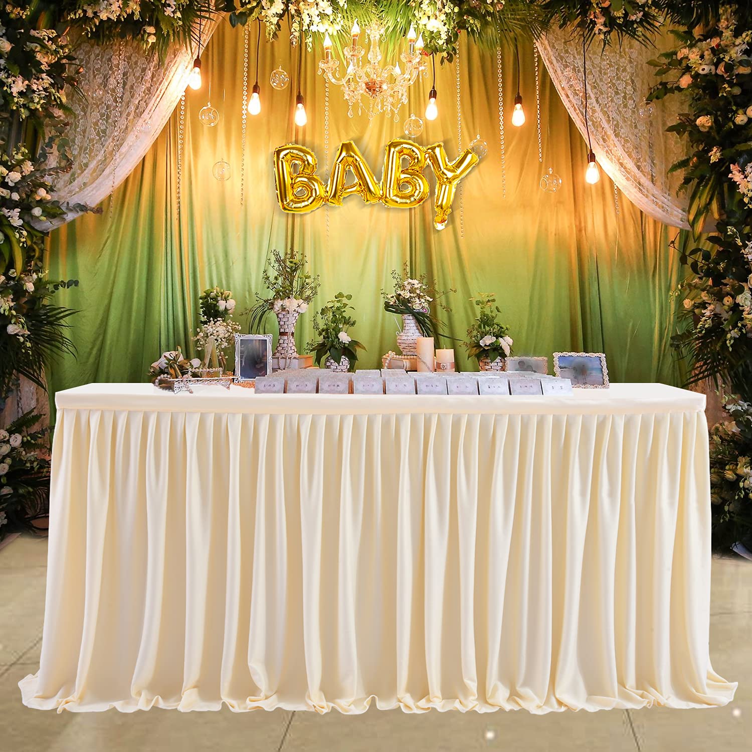 6ft Ivory Polyester Pleated Table Skirt for Rectangle Tables - Elegant Ruffle Tablecloth for Weddings, Birthdays, Baby Showers & Banquets - Perfect Table Decoration for Parties & Events