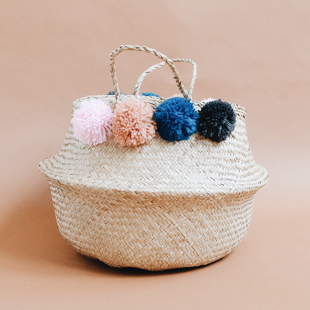 Rudy Pom Pom Belly Basket - Handwoven Decorative Storage Bin for Home Organization | Perfect for Living Room, Nursery, or Bathroom