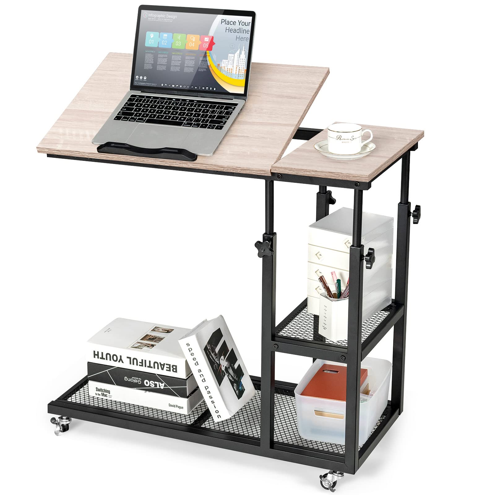 Tangkula Adjustable Height C-Shaped End Table with Lockable Wheels - Mobile Sofa Desk, Tiltable Tabletop, Storage Shelves - Perfect for Living Room, Bedside, Office & Snack Table